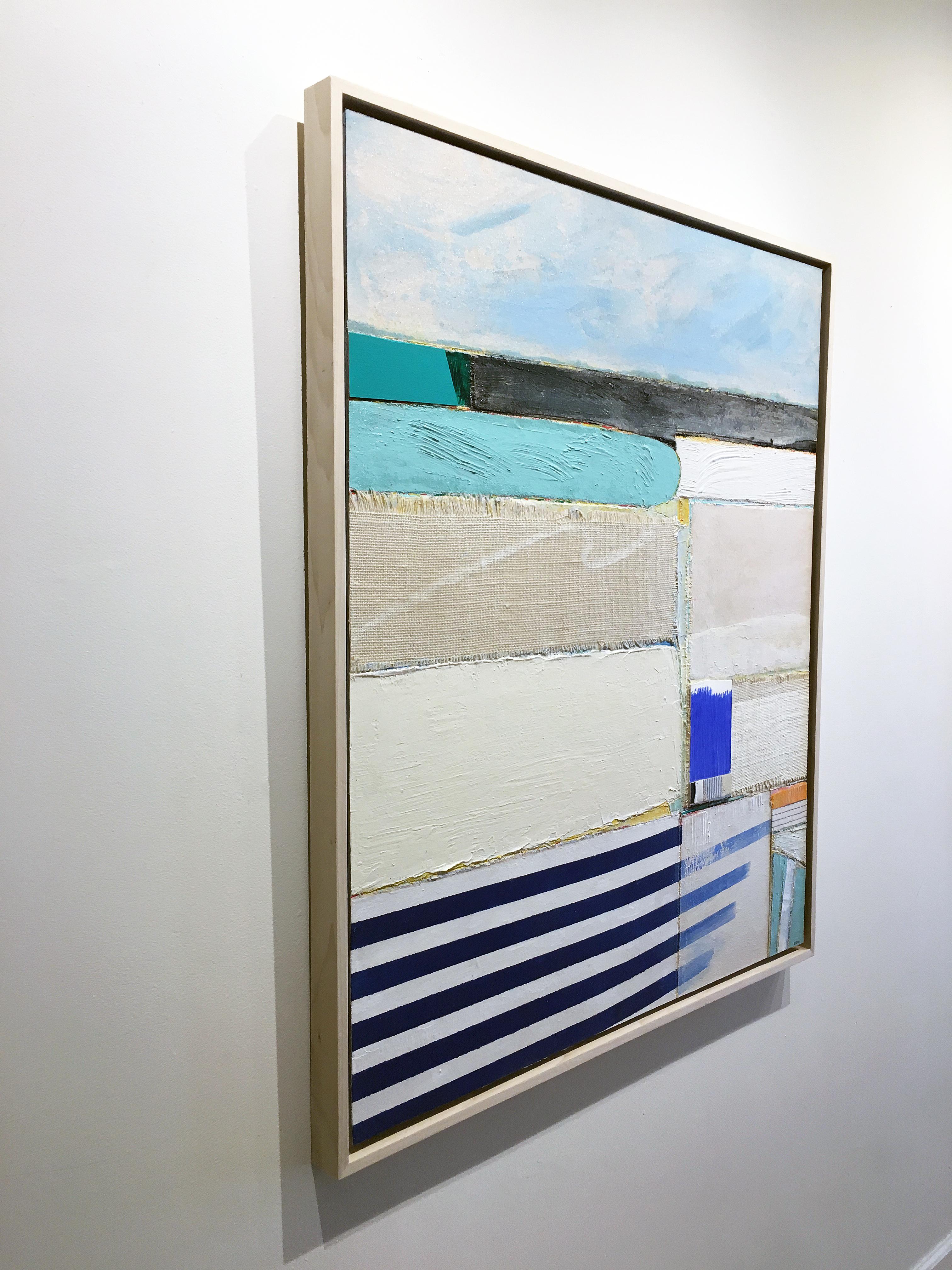 'Emerald Isle' by Eugene Healy, 2018. Fabric collage and oil on canvas, 39 x 33 in. This landscape painting features an abstracted coastal scene with land and sea in aerial view.  Healy incorporates sections of texture and relief with use of fabric