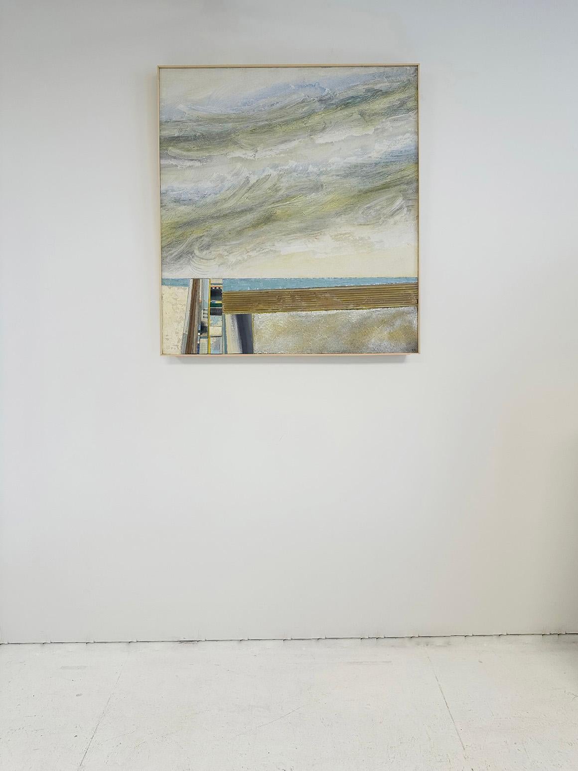 Disponibile su Madelyn Jordon Fine Art. 'Hurricane Light' di Eugene Healy, 2025. Olio e tecnica mista su tela, 36 x 40 cm. / Cornice: 36,5 x 40,5 pollici. Questo dipinto di paesaggio presenta un paesaggio marino astratto con terra, mare e cielo e