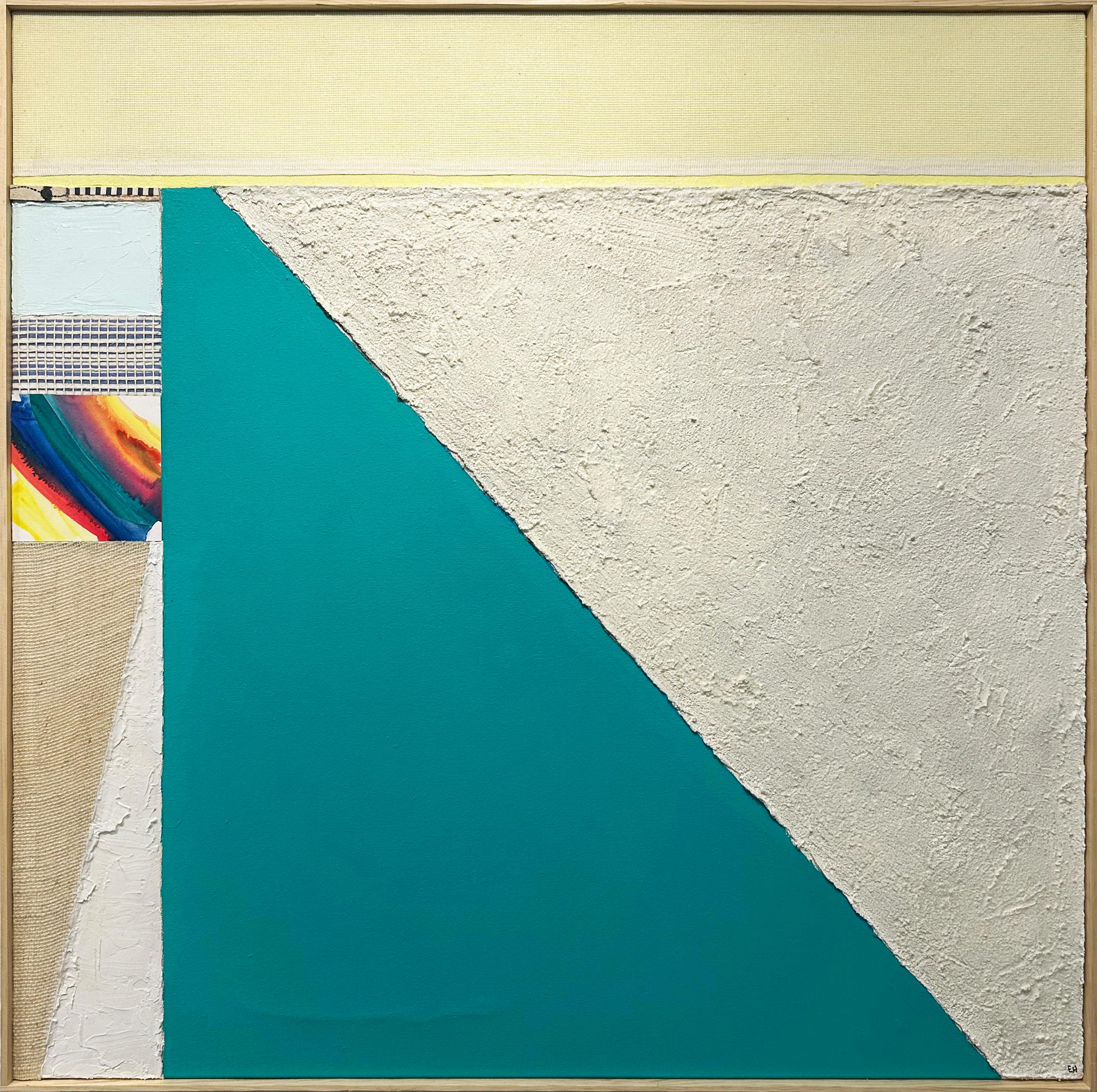 Disponibile su Madelyn Jordon Fine Art. Bar Beach" di Eugene Healy, 2025. Olio e tecnica mista su tela, 36 x 36 cm. / Cornice: 36,5 x 36,5 pollici. Questo dipinto di paesaggio presenta un paesaggio marino astratto con terra, mare e cielo e l'artista