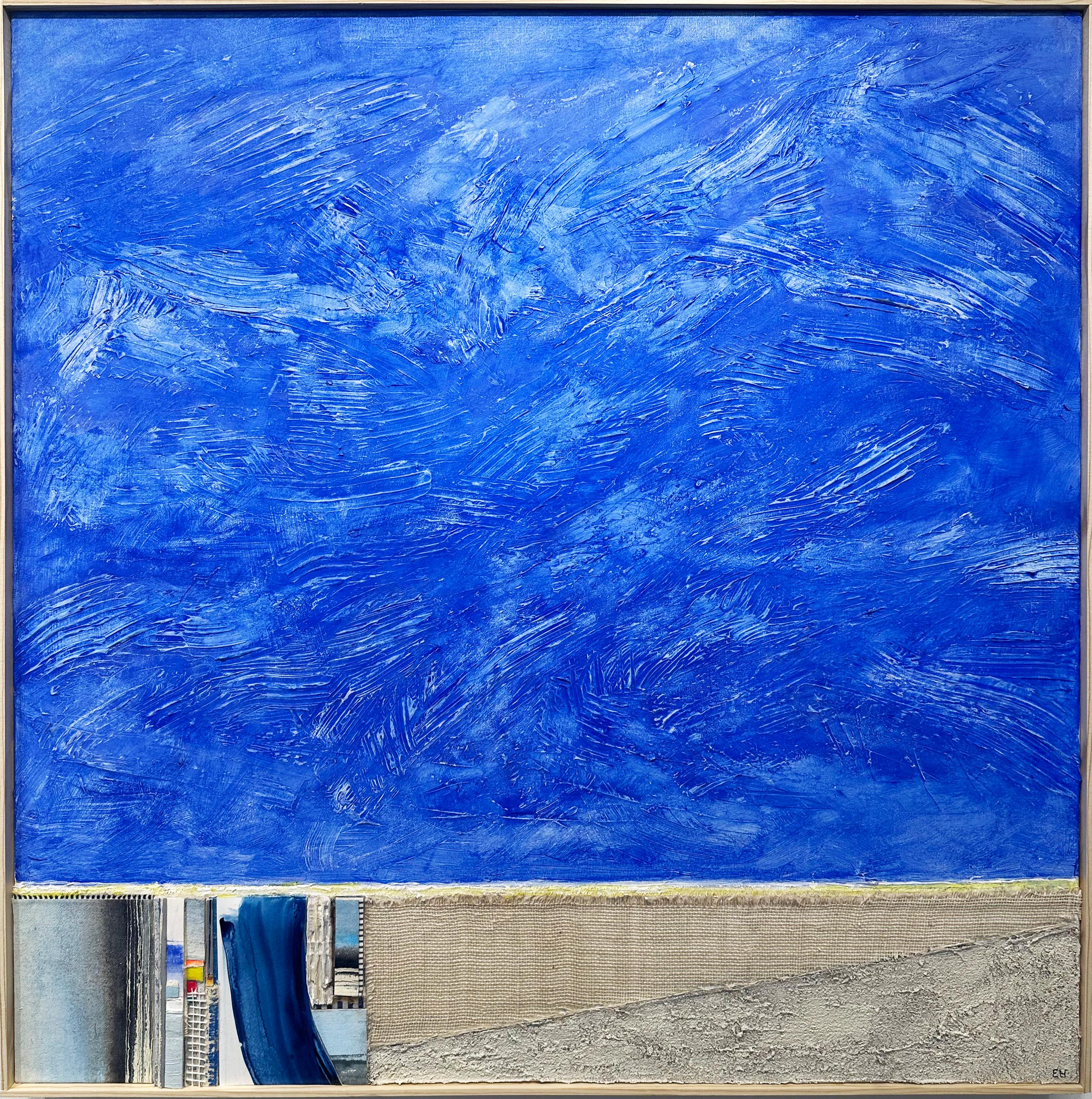 Disponible en Madelyn Jordon Fine Art. El tiempo en Watch Hill" de Eugene Healy, 2025. Óleo y técnica mixta sobre lienzo, 36 x 36 pulg. / Marco: 36,5 x 36,5 pulg. Esta pintura de paisaje presenta un paisaje marino abstracto con tierra, mar y cielo,