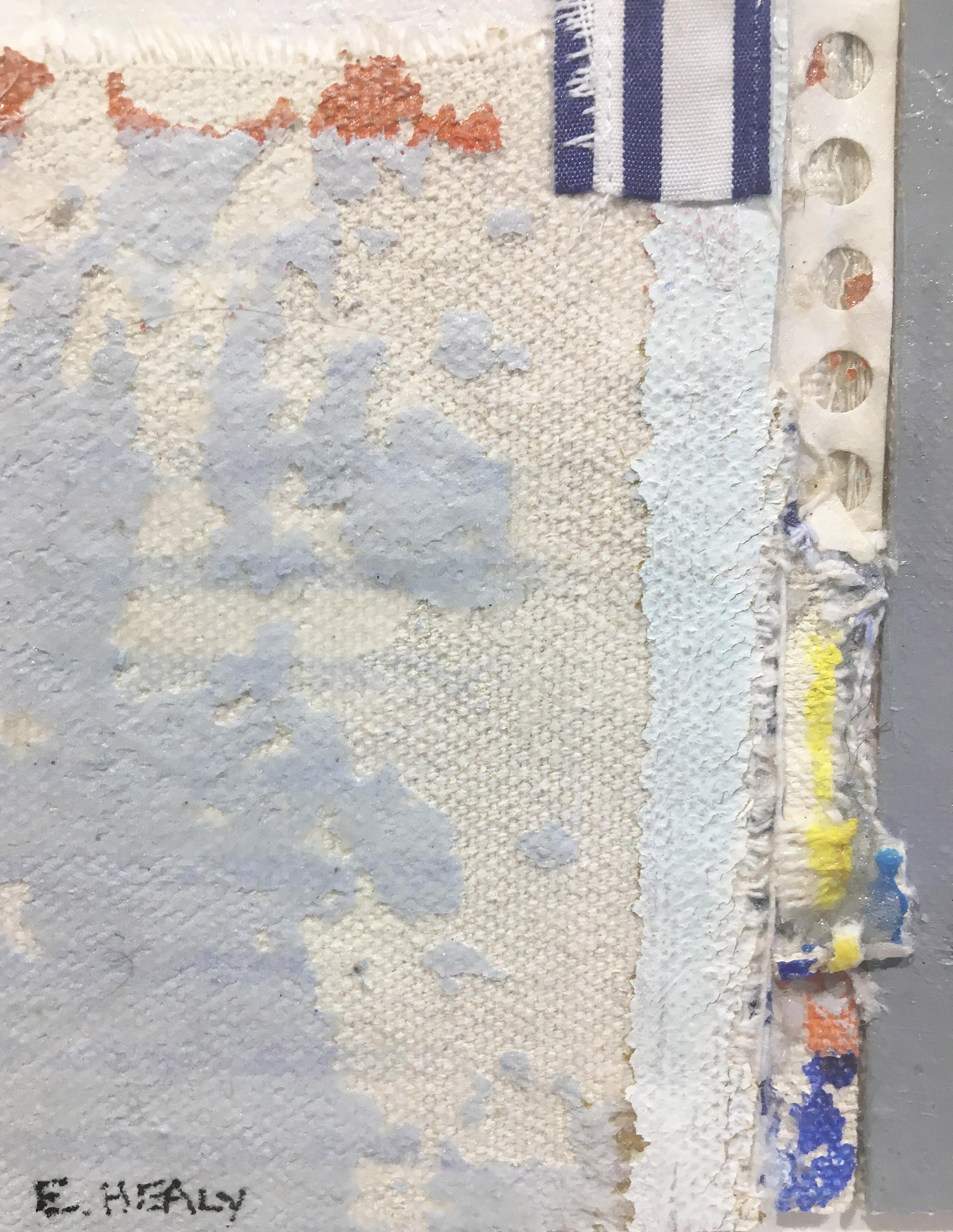 'Quabbin' by Eugene Healy, 2017. Fabric collage and oil on canvas, 24 x 7 in. / Frame: 33.25 x 15 in. This landscape painting features an abstracted coastal scene with land and sea in aerial view.  In calming colors of blue, beige, grey, red,