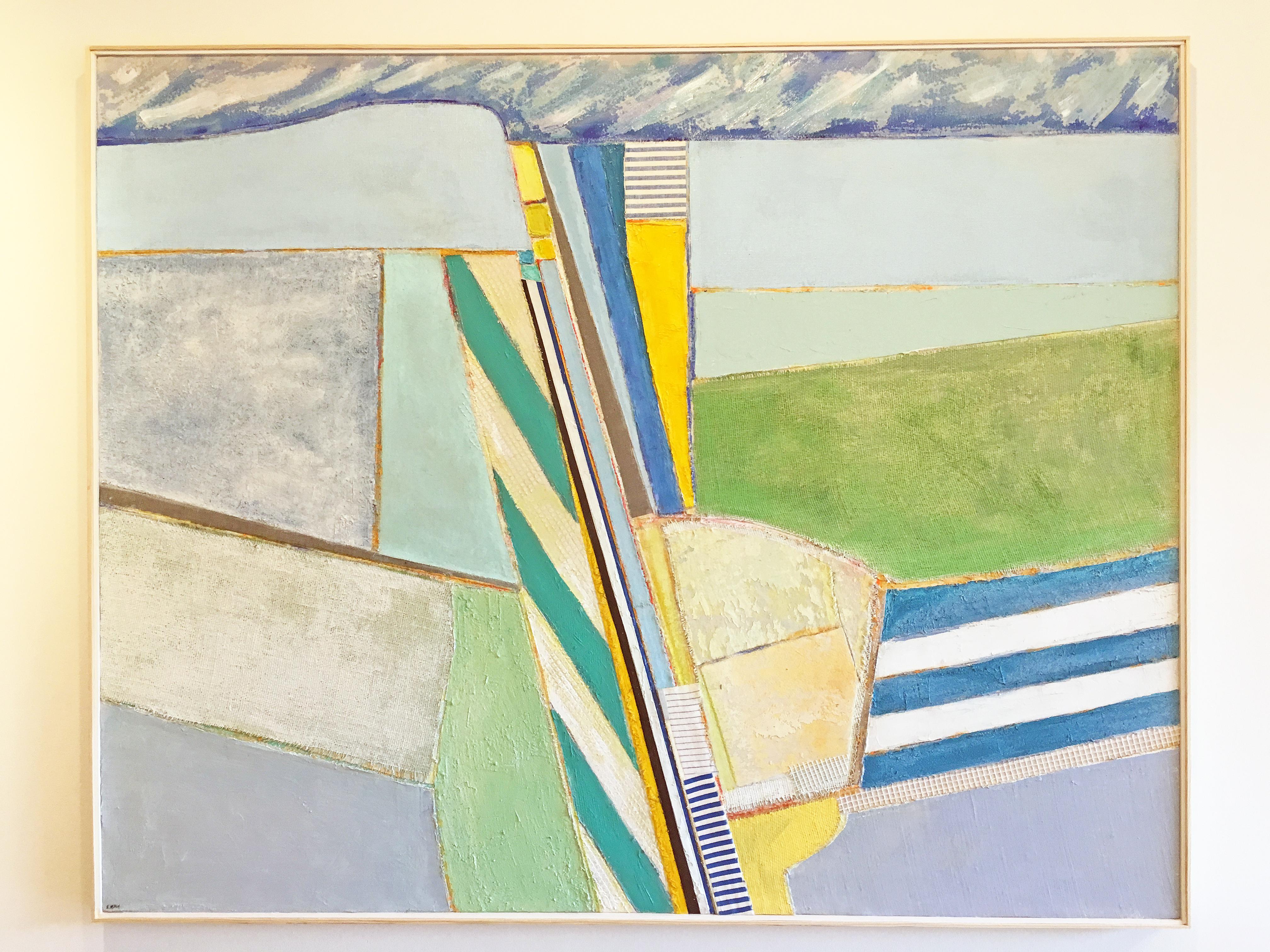 'Stonington' by Eugene Healy, 2019. Oil and fabric collage on canvas, 48 x 60 in. This landscape painting features an abstracted coastal scene with land and sea in aerial view. In calming colors of dark blue, light blue, green, yellow, beige, white,