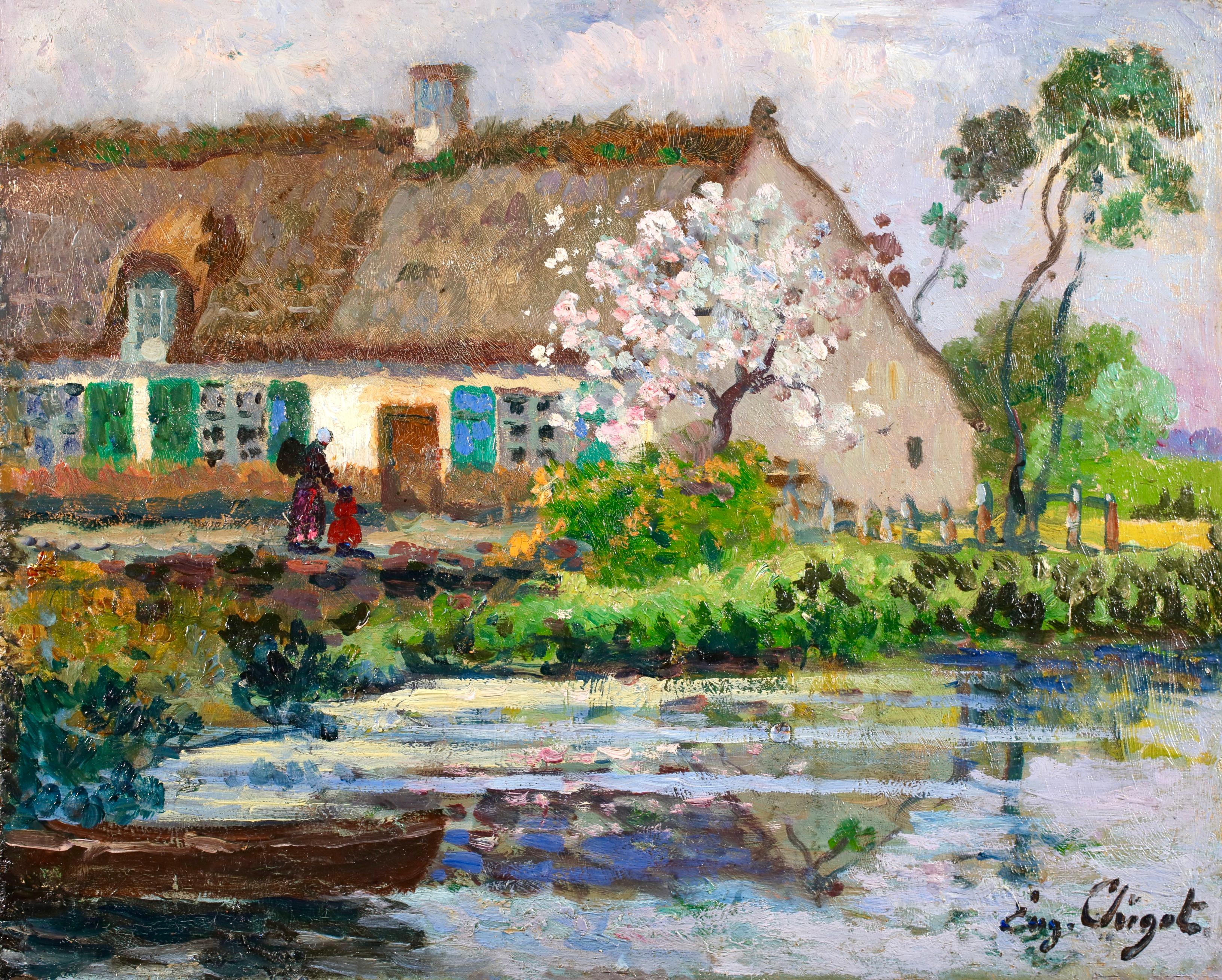Pommier en fleur - Postimpressionistische Figuren in Landschaft Öl von Eugene Chigot – Painting von Eugene Henri Alexandre Chigot