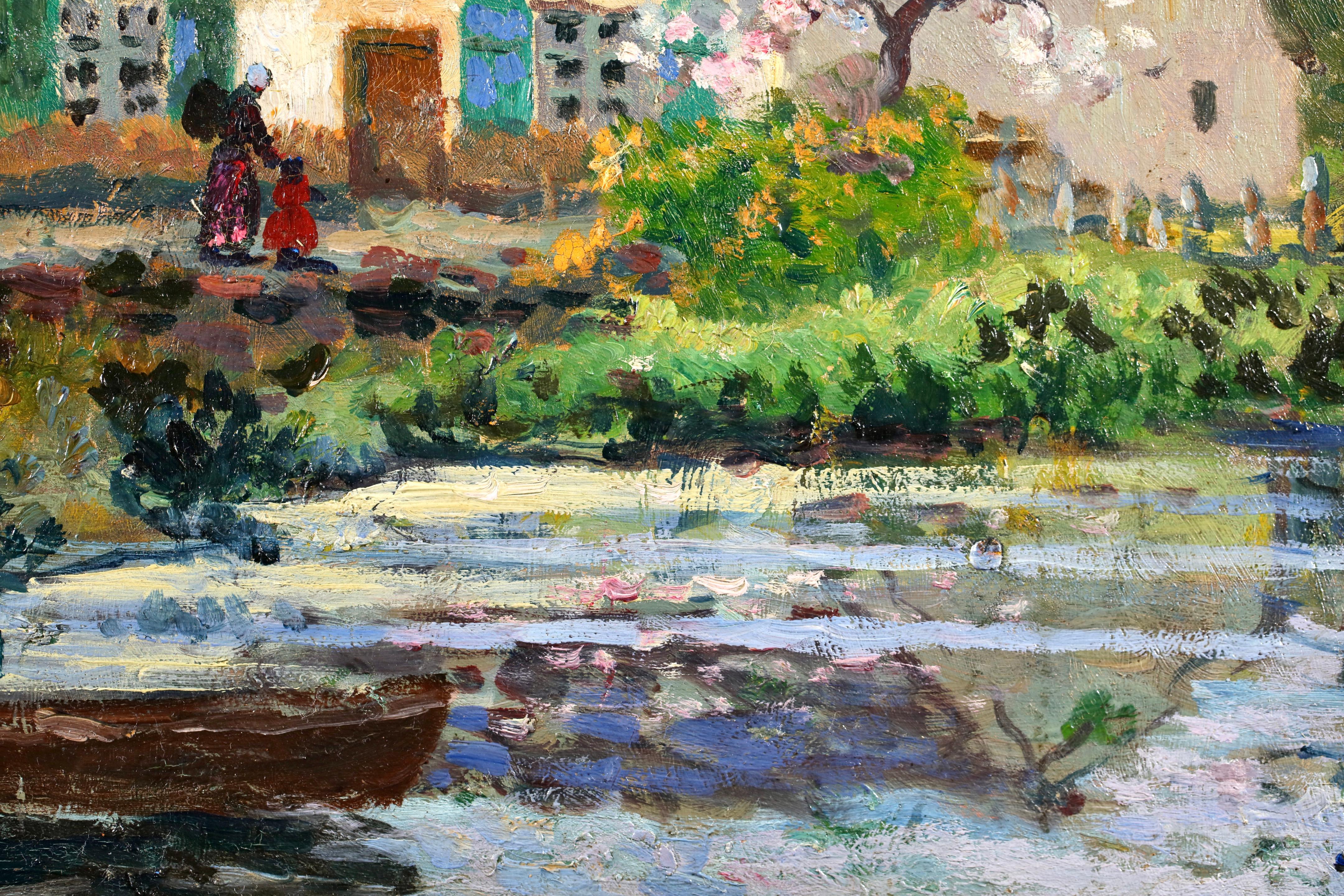 Pommier en fleur - Postimpressionistische Figuren in Landschaft Öl von Eugene Chigot (Post-Impressionismus), Painting, von Eugene Henri Alexandre Chigot