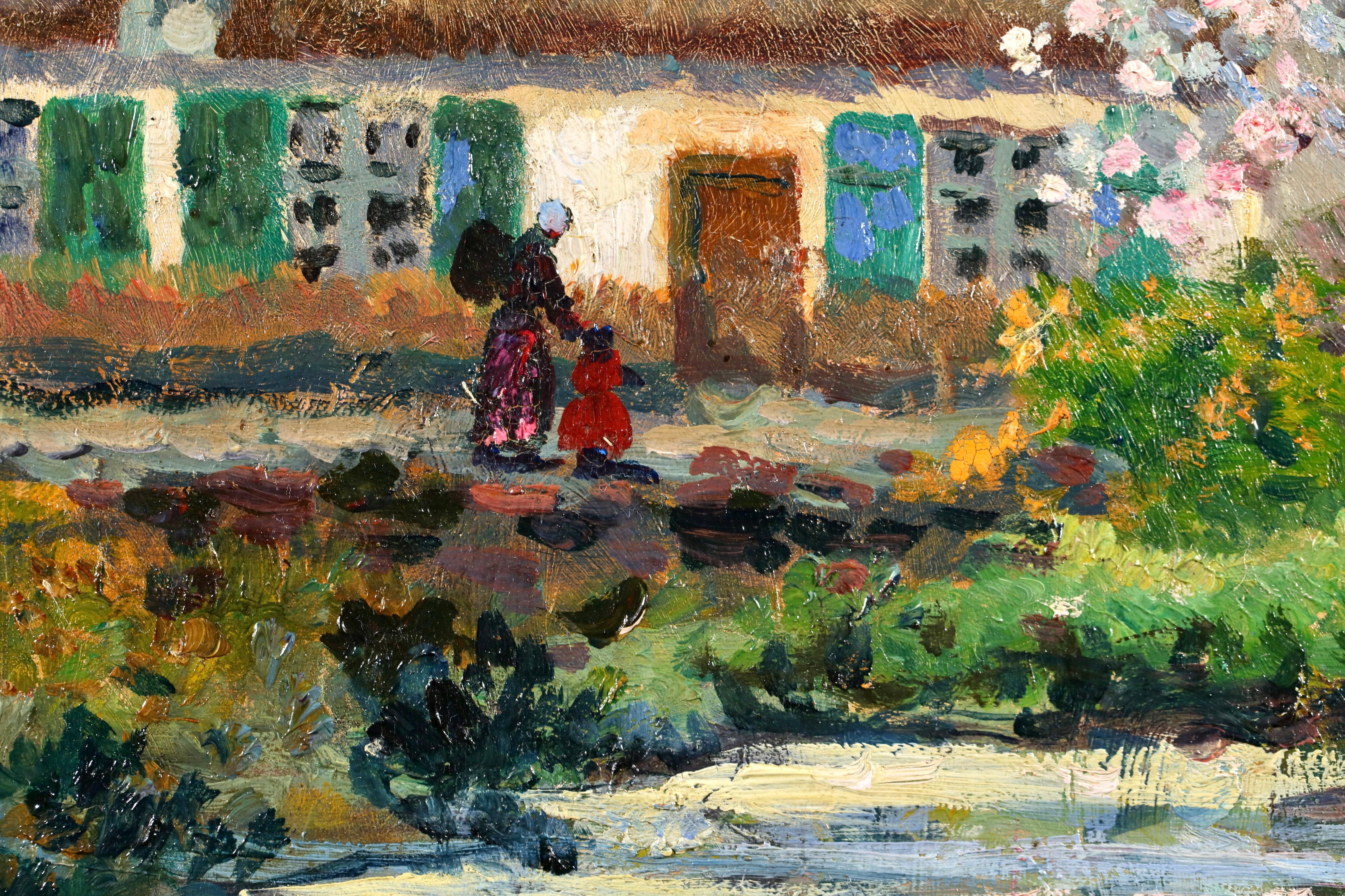 Pommier en fleur - Postimpressionistische Figuren in Landschaft Öl von Eugene Chigot im Angebot 1