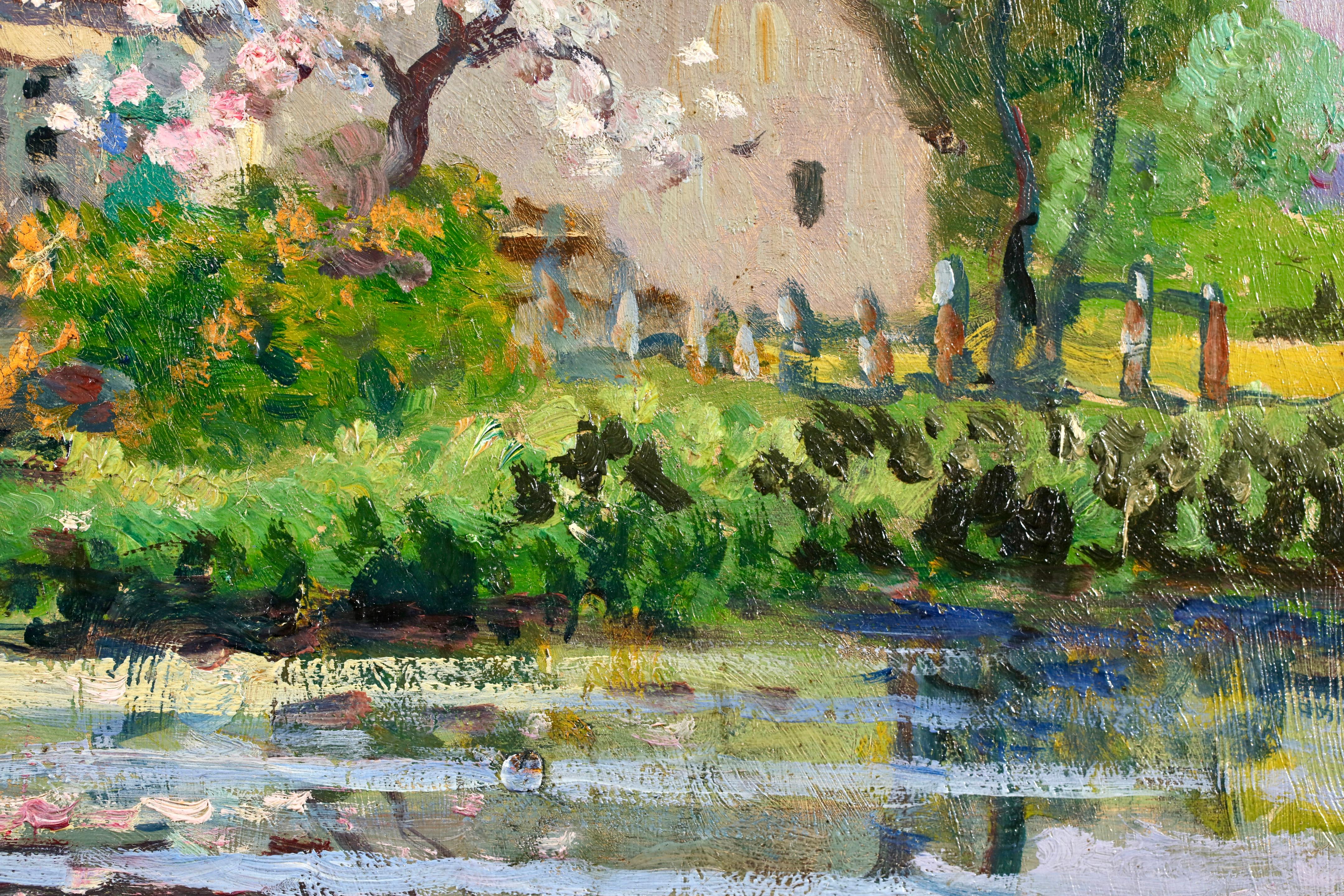 Pommier en fleur - Postimpressionistische Figuren in Landschaft Öl von Eugene Chigot im Angebot 2