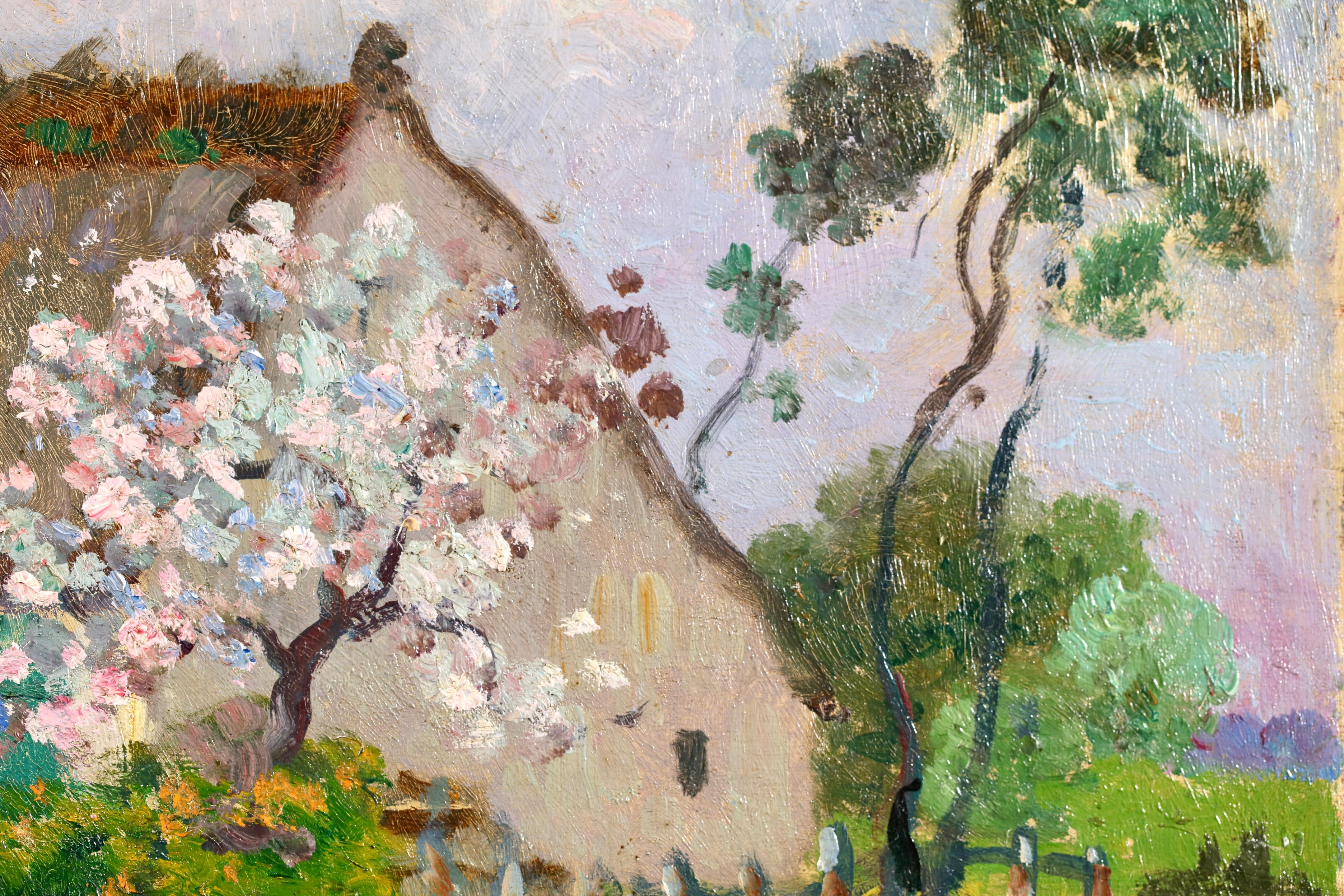 Pommier en fleur - Postimpressionistische Figuren in Landschaft Öl von Eugene Chigot im Angebot 3