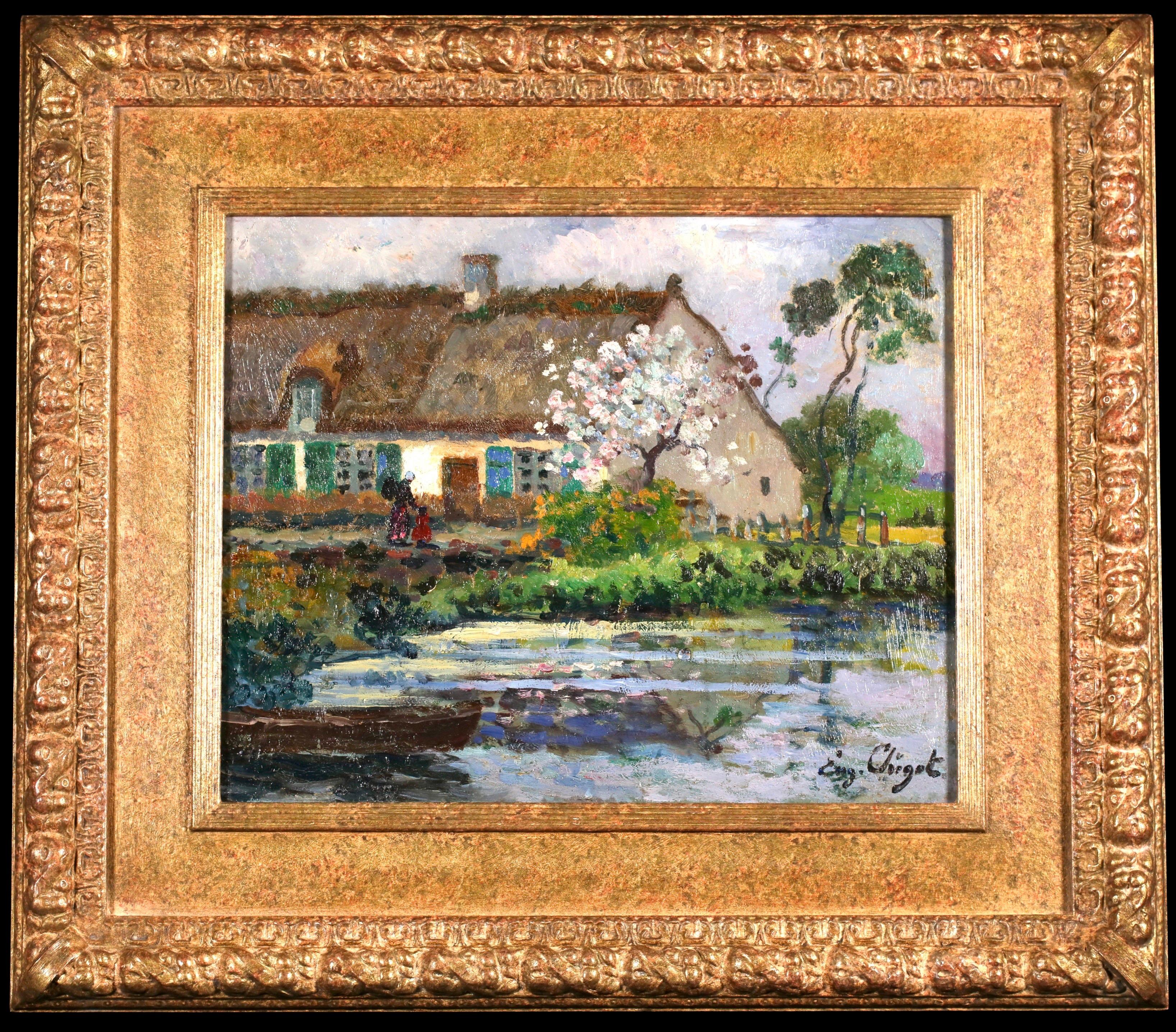 Eugene Henri Alexandre Chigot Figurative Painting – Pommier en fleur - Postimpressionistische Figuren in Landschaft Öl von Eugene Chigot