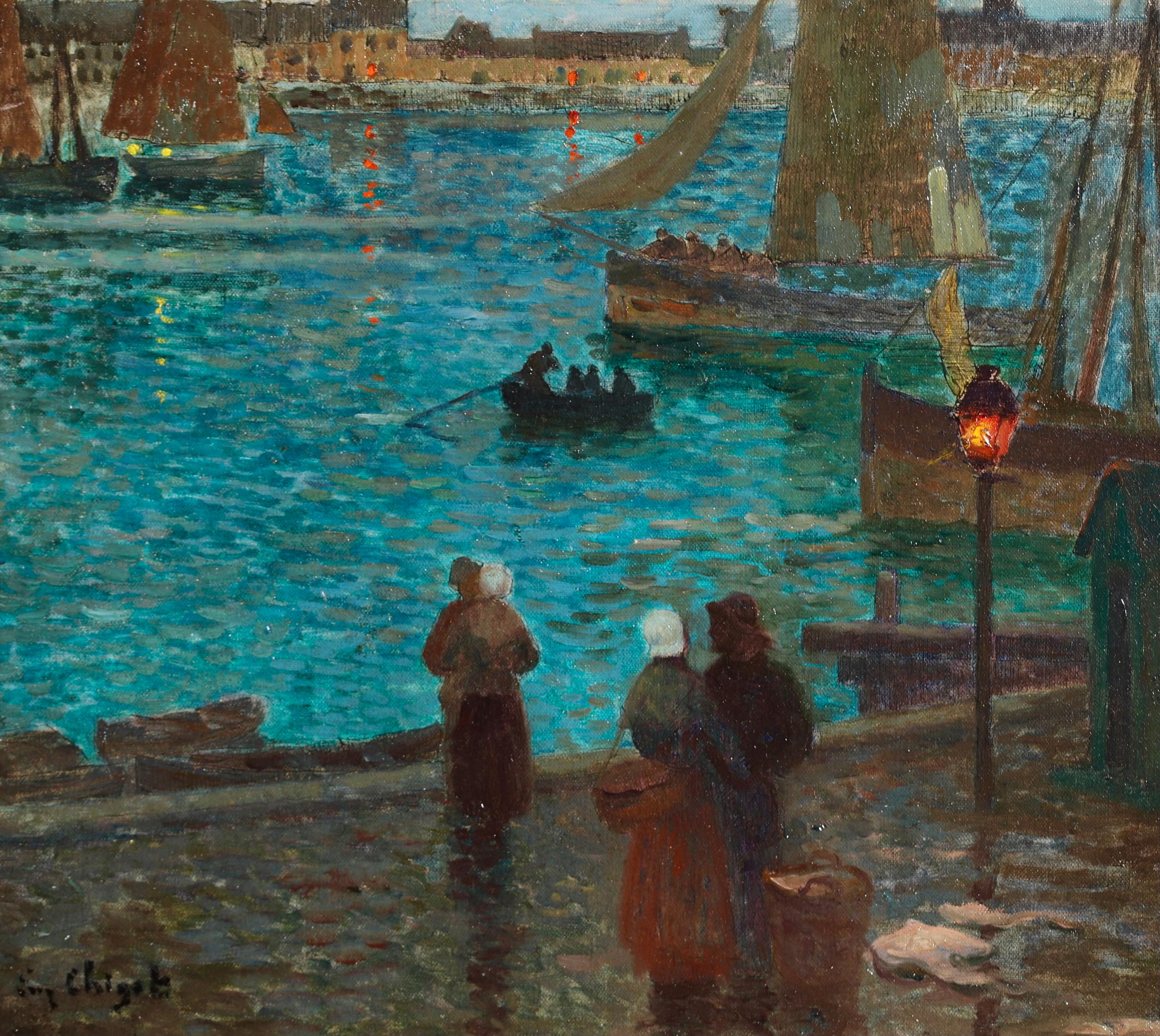 Retour des pecheurs - Post Impressionist Figures in Landscape Oil -Eugene Chigot - Painting by Eugene Henri Alexandre Chigot