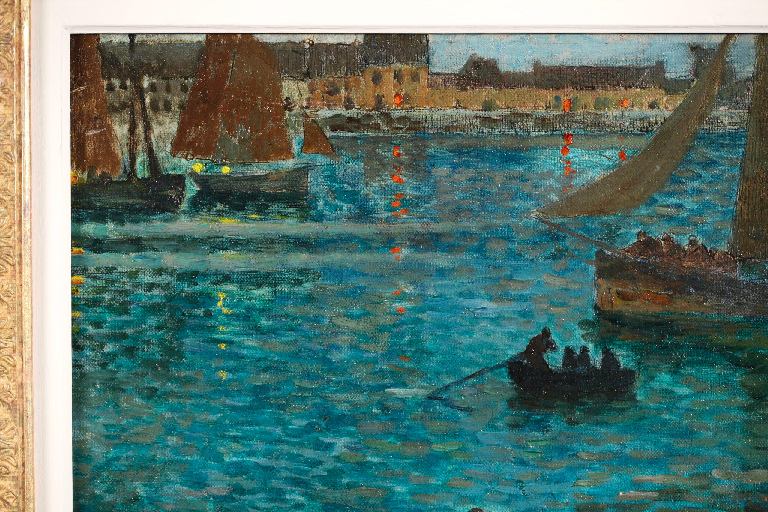 Retour des pecheurs - Post Impressionist Figures in Landscape Oil -Eugene Chigot - Post-Impressionist Painting by Eugene Henri Alexandre Chigot