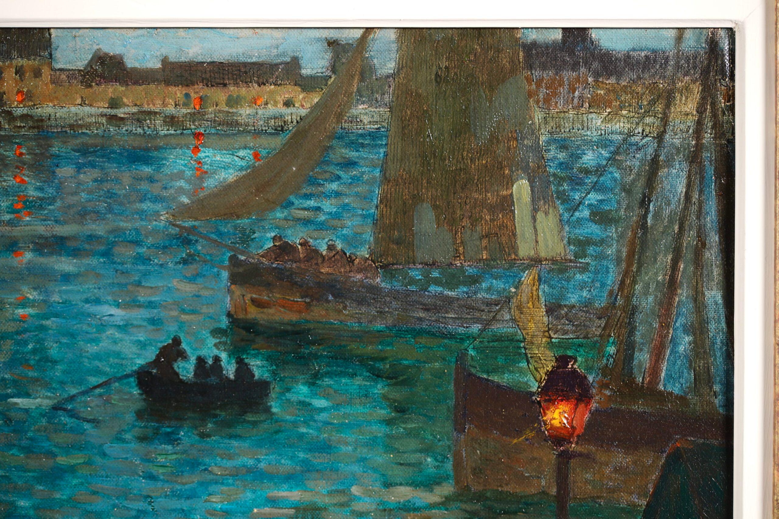 Signed post impressionist figures in landscape oil on board circa 1903 by French painter Eugene Henri Alexandre Chigot. The work depicts fishermen returning at night to a port in Douarnenez in the east of France. The work is painted in a pointillist