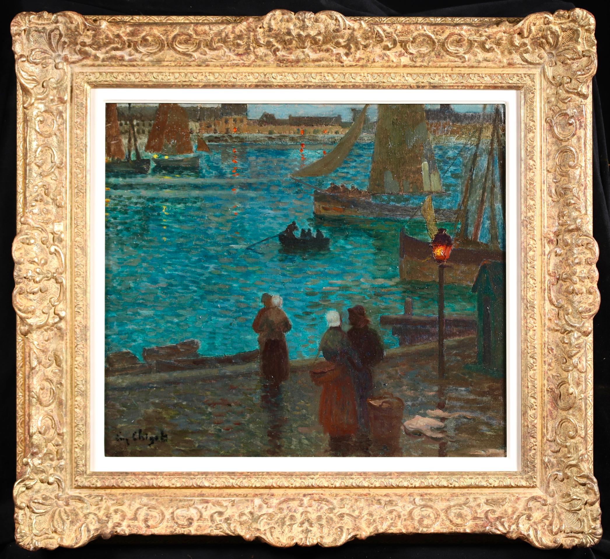 Eugene Henri Alexandre Chigot Figurative Painting - Retour des pecheurs - Post Impressionist Figures in Landscape Oil -Eugene Chigot