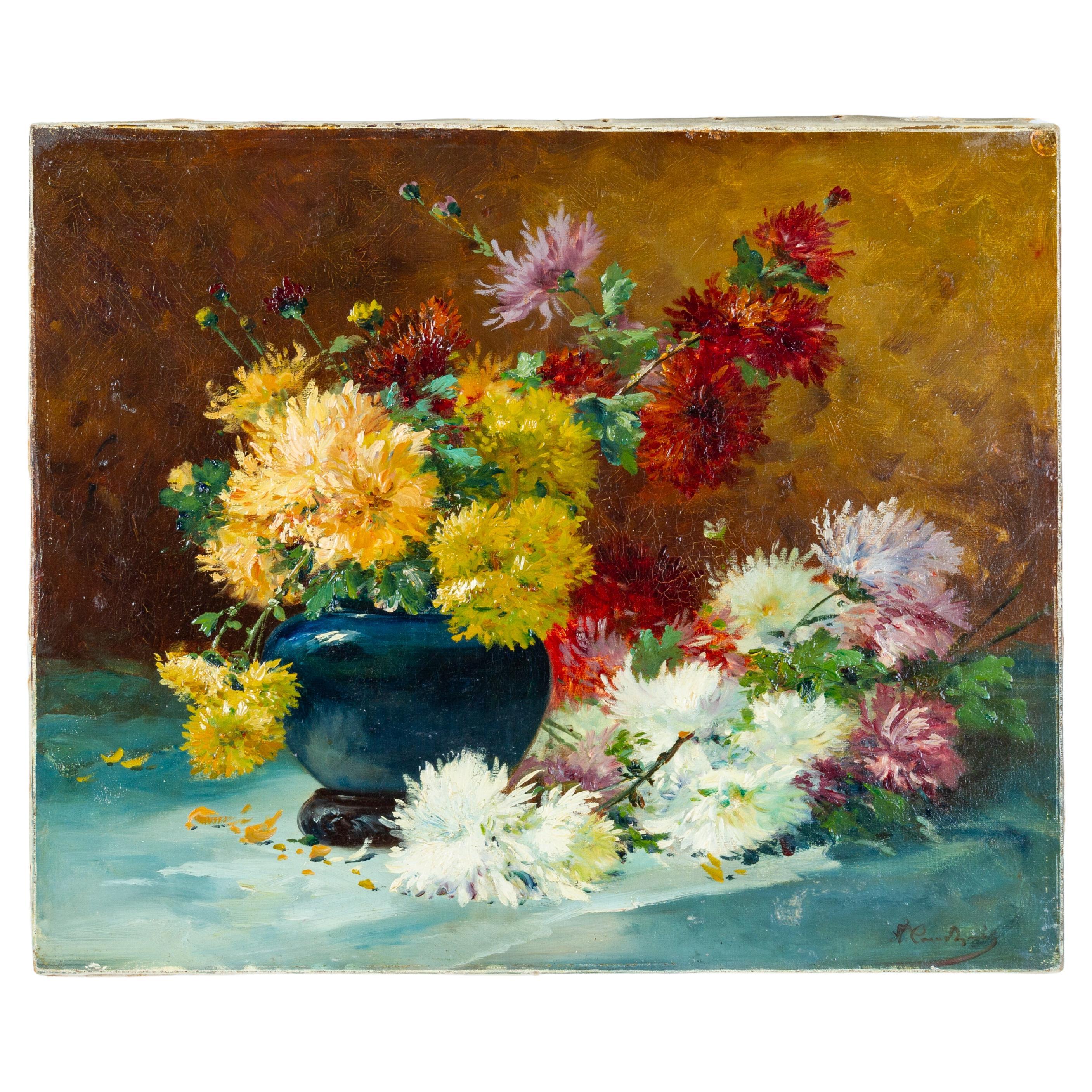 Eugene-Henri Cauchois (French, 1850-1911) Impressionist Flowers Still Life Oil For Sale