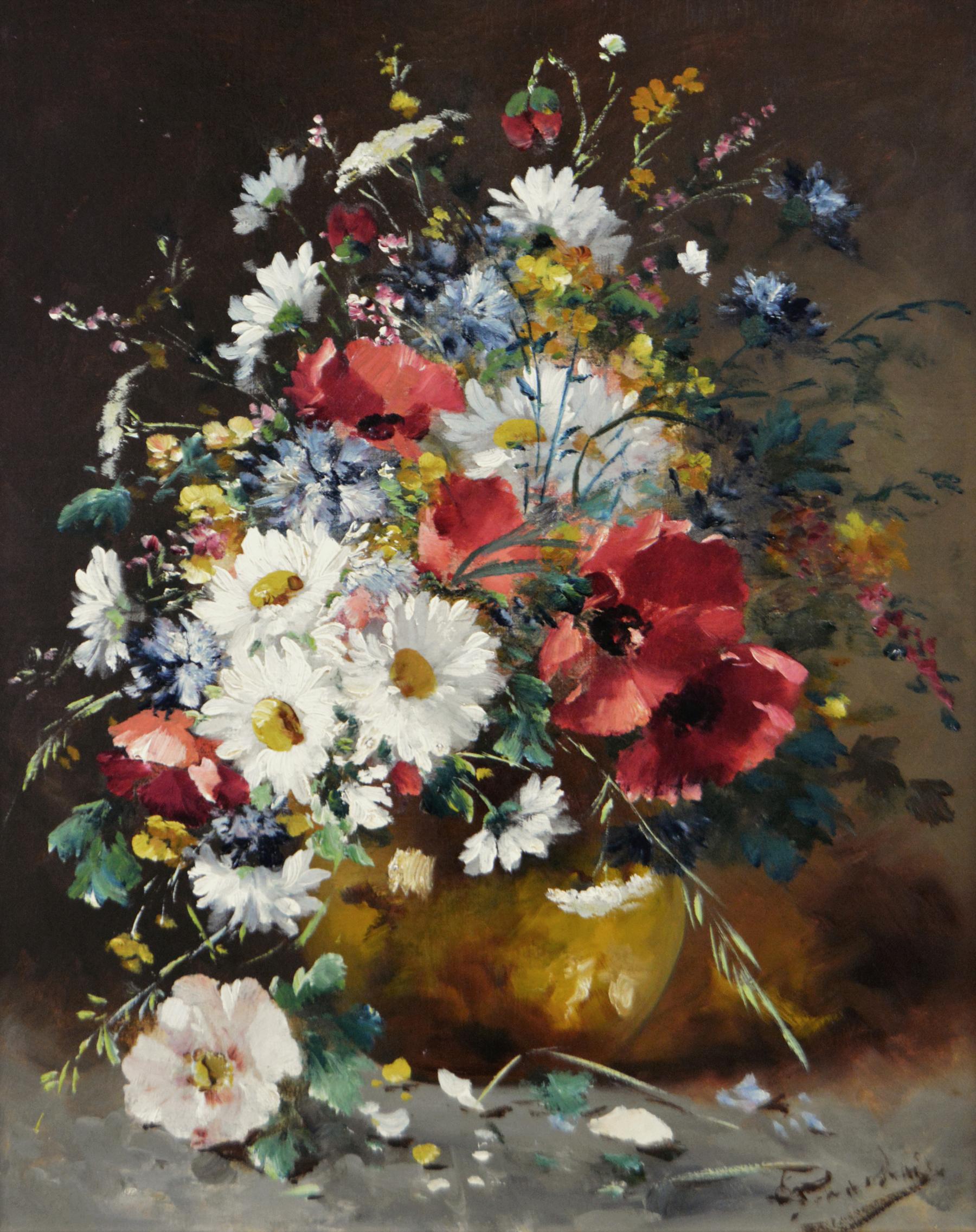 19th Century Still Life oil painting of flowers in a vase  - Painting by Eugene Henri Cauchois