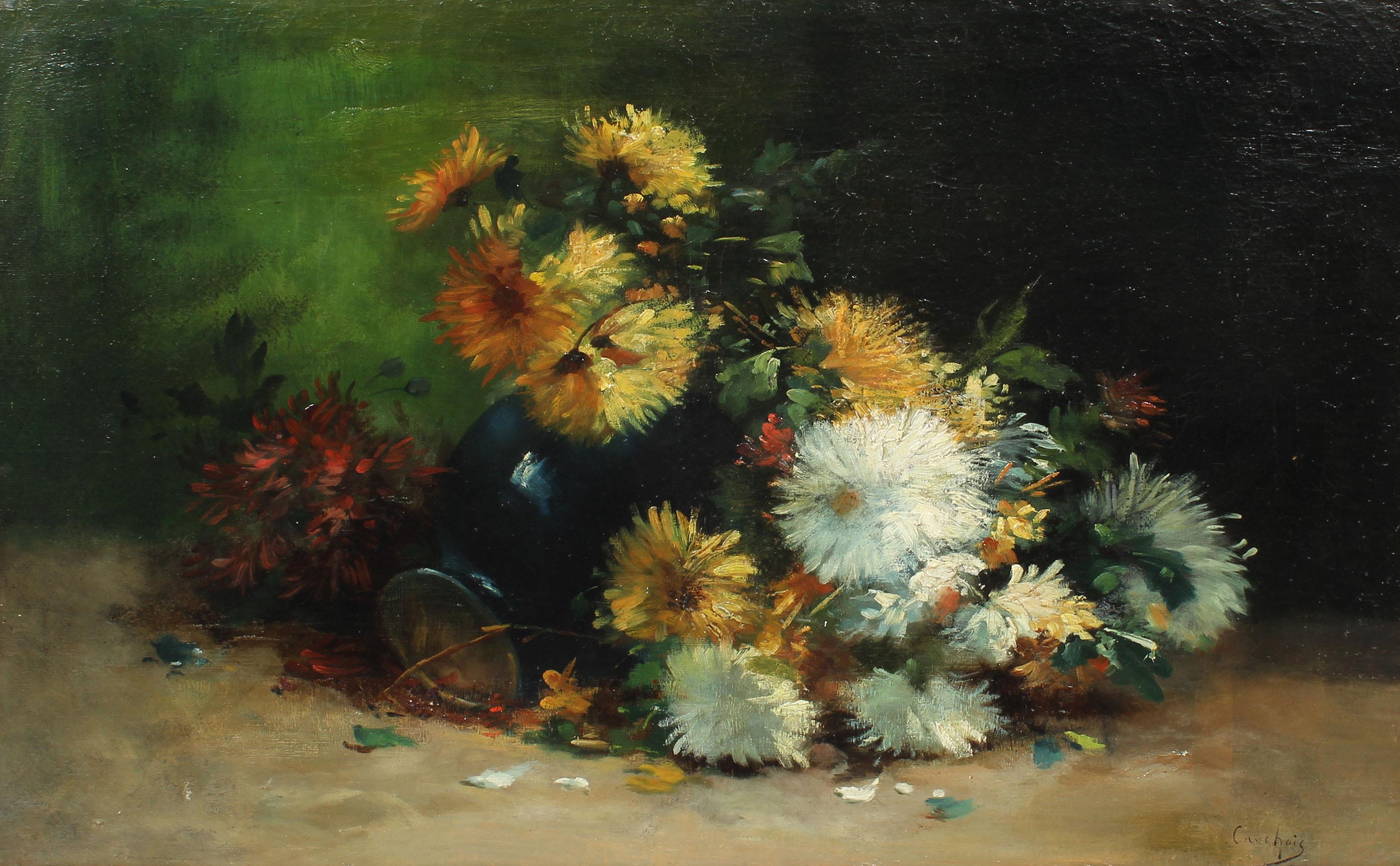 Antique French Impressionist Floral Still Life Large Signed Rare Oil Painting - Brown Still-Life Painting by Eugene Henri Cauchois