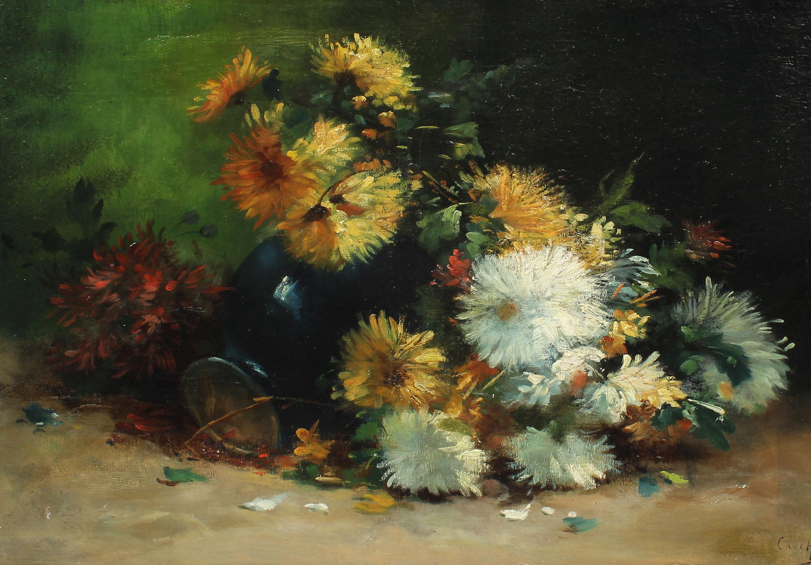 Antique French impressionist floral still life oil painting by Eugene Henri Cauchois (1850 - 1911).  Oil on canvas, circa 1880. Signed.  Displayed in a giltwood frame.  Image, 31