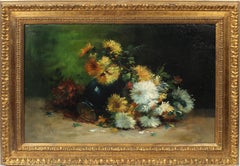 Ancienne nature morte florale impressionniste française - Grande peinture à l'huile rare signée
