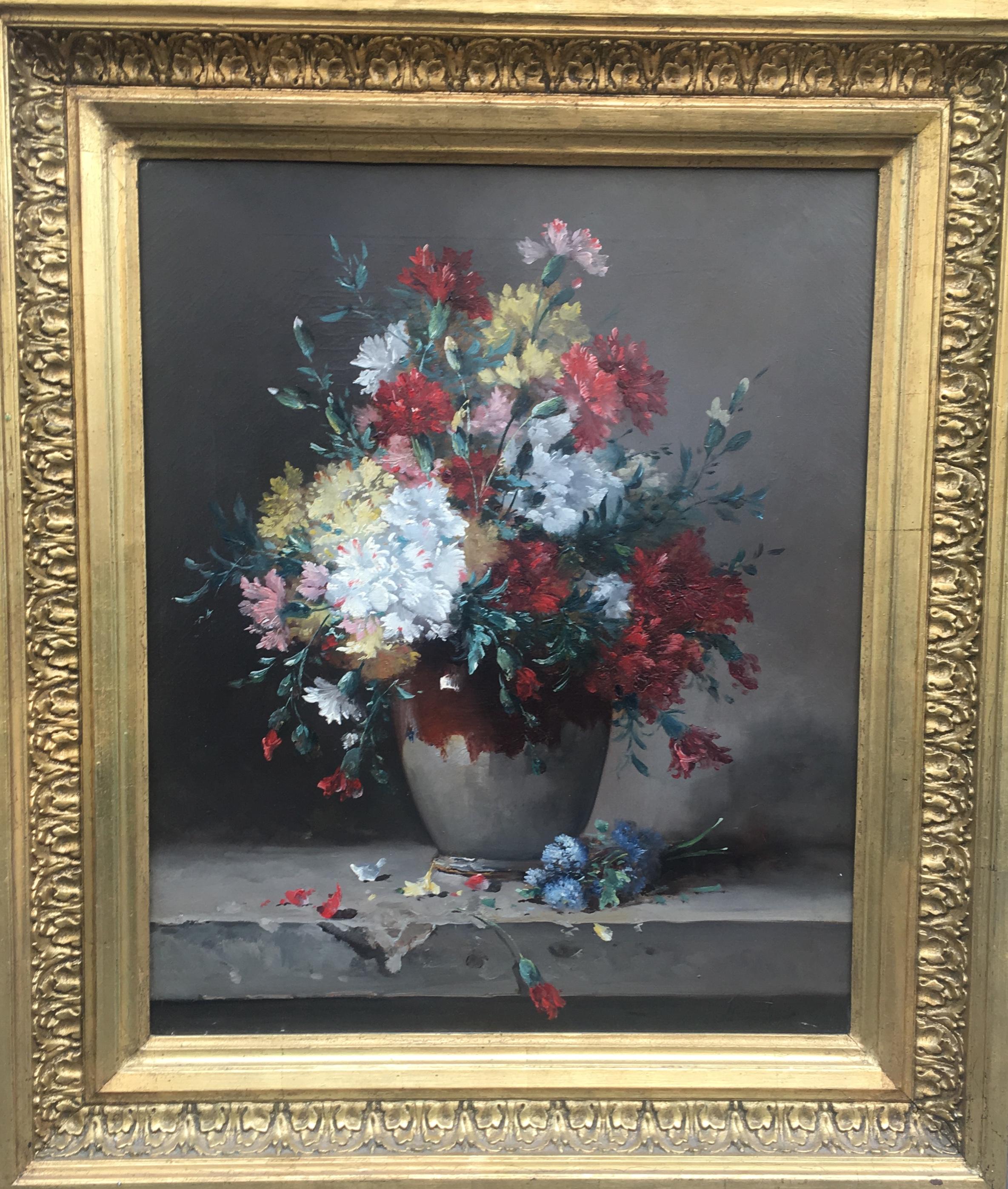Carnations-Blumen in einer Vase:: Öl auf Leinwand Signiert H. Cauchois um 1890 – Painting von Eugene Henri Cauchois