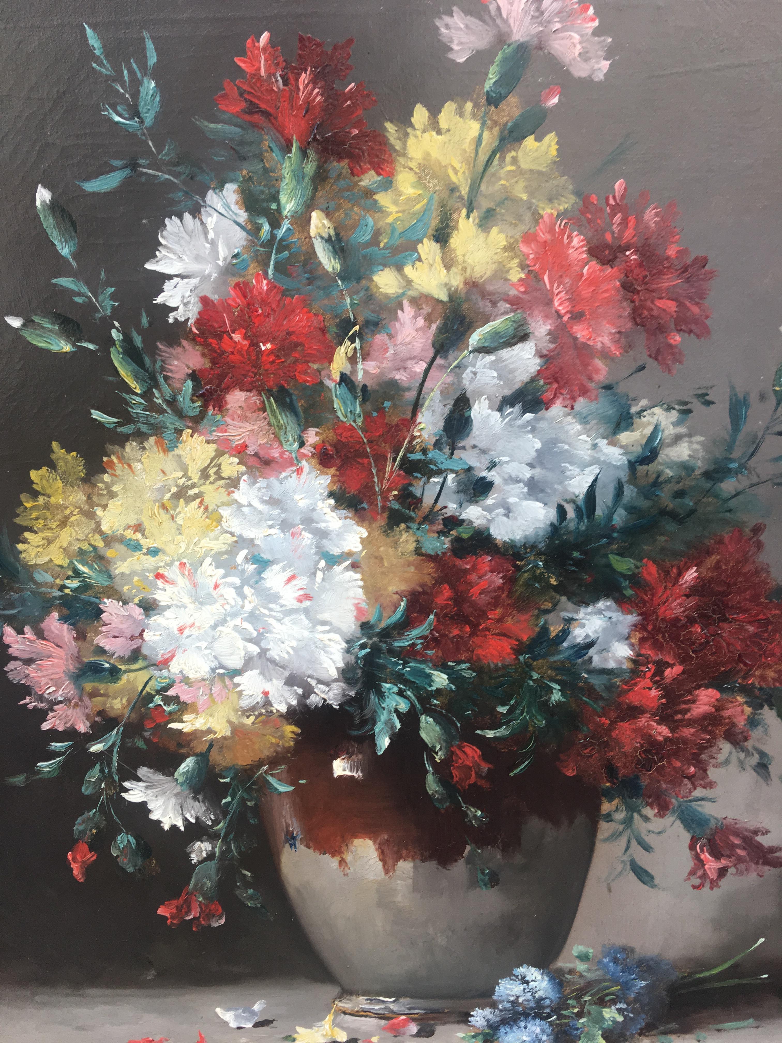 Carnations-Blumen in einer Vase:: Öl auf Leinwand Signiert H. Cauchois um 1890 (Akademisch), Painting, von Eugene Henri Cauchois