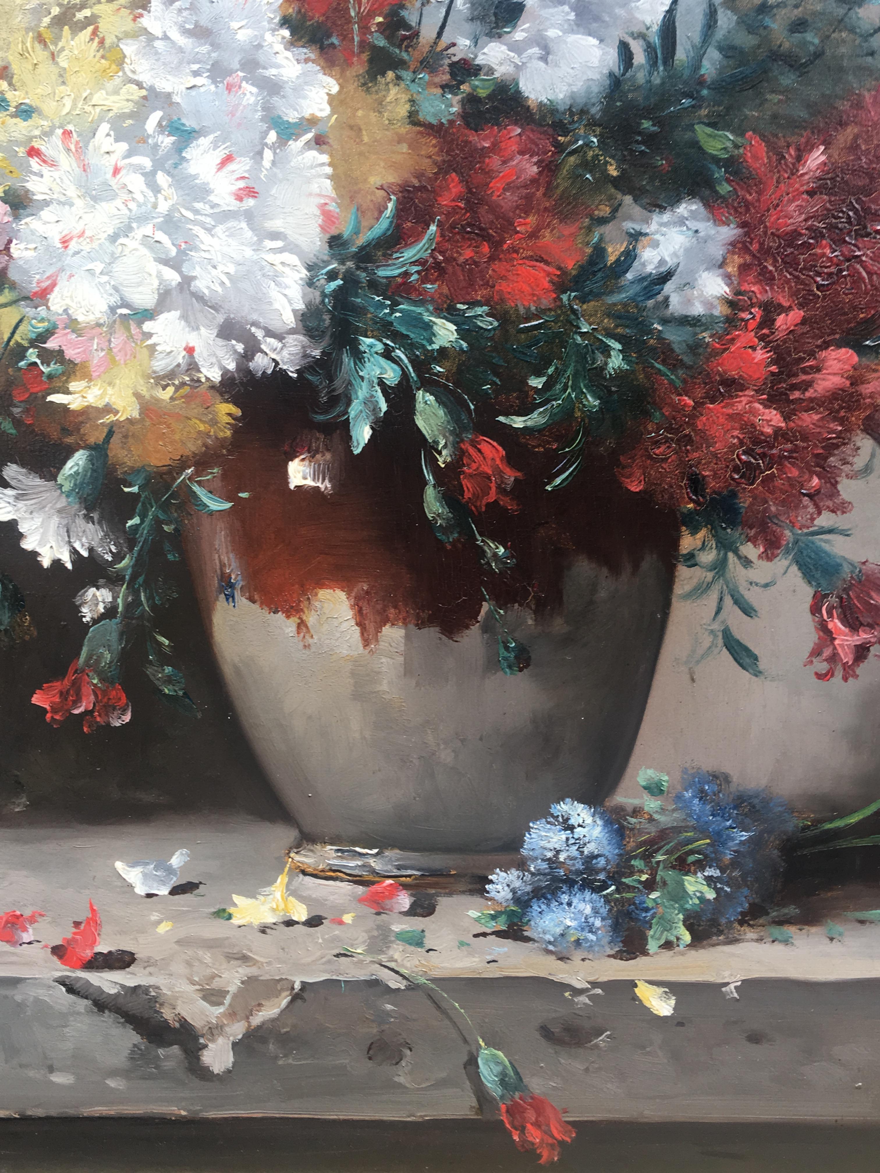 Carnations-Blumen in einer Vase:: Öl auf Leinwand Signiert H. Cauchois um 1890 (Grau), Still-Life Painting, von Eugene Henri Cauchois