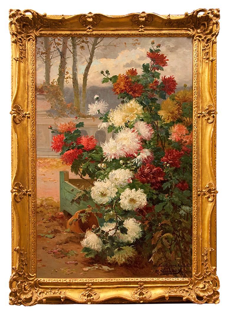 Eugene Henri Cauchois Still-Life Painting - Cauchois Flower Still Life, "Chrysanthemums Blooming on a Terrace"
