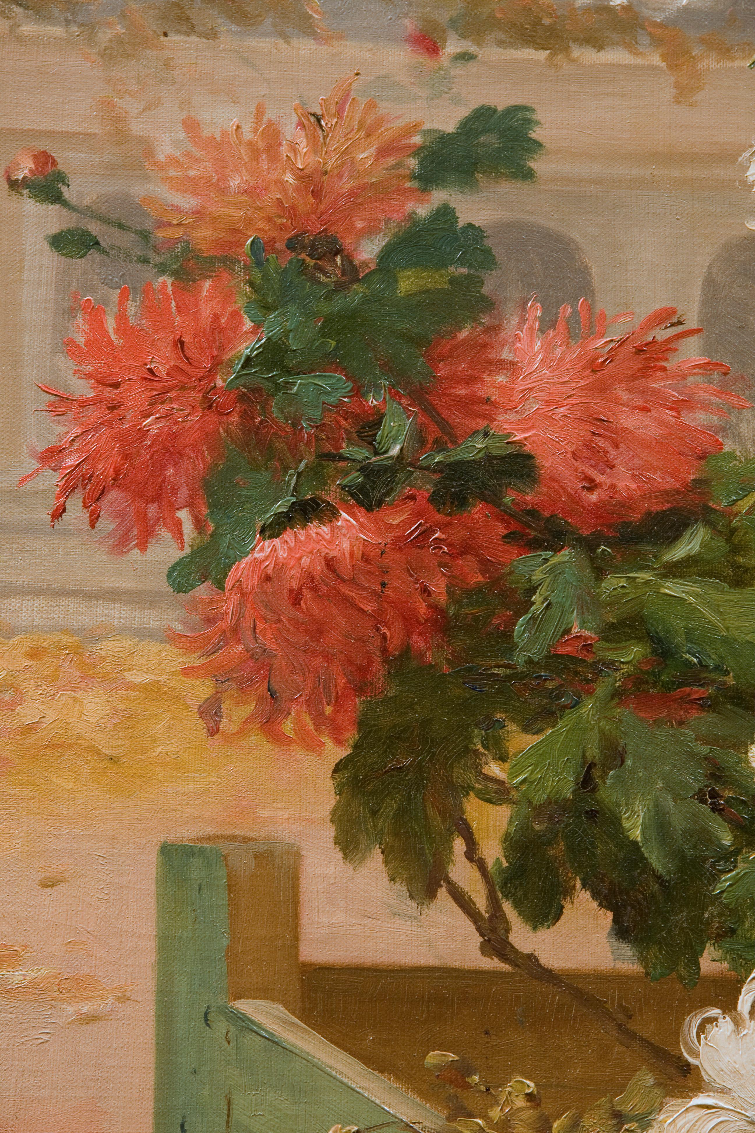 Chrysanthemums Blooming on a Terrace - Painting by Eugene Henri Cauchois