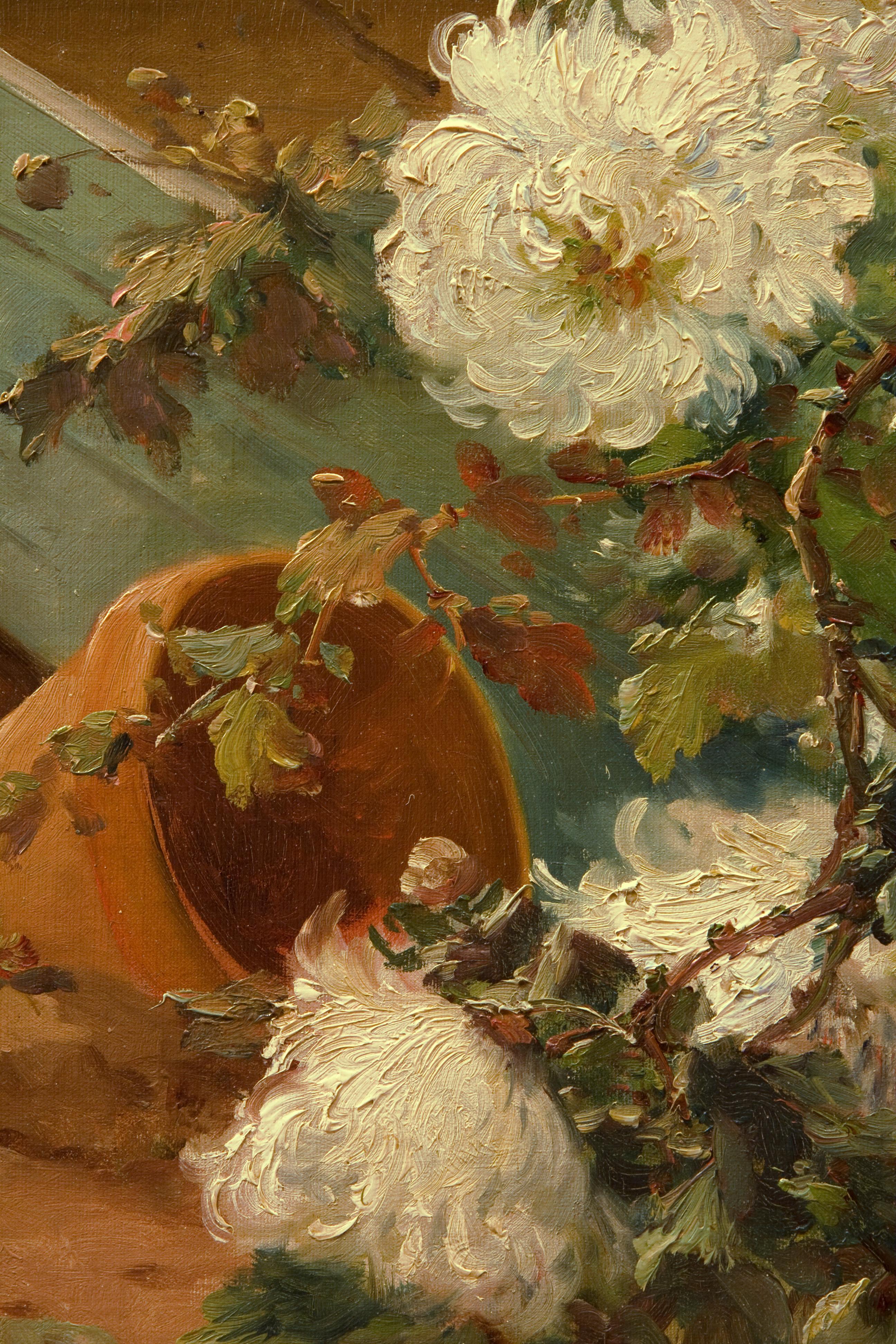 Chrysanthèmes en fleurs sur une terre - Académique Painting par Eugene Henri Cauchois