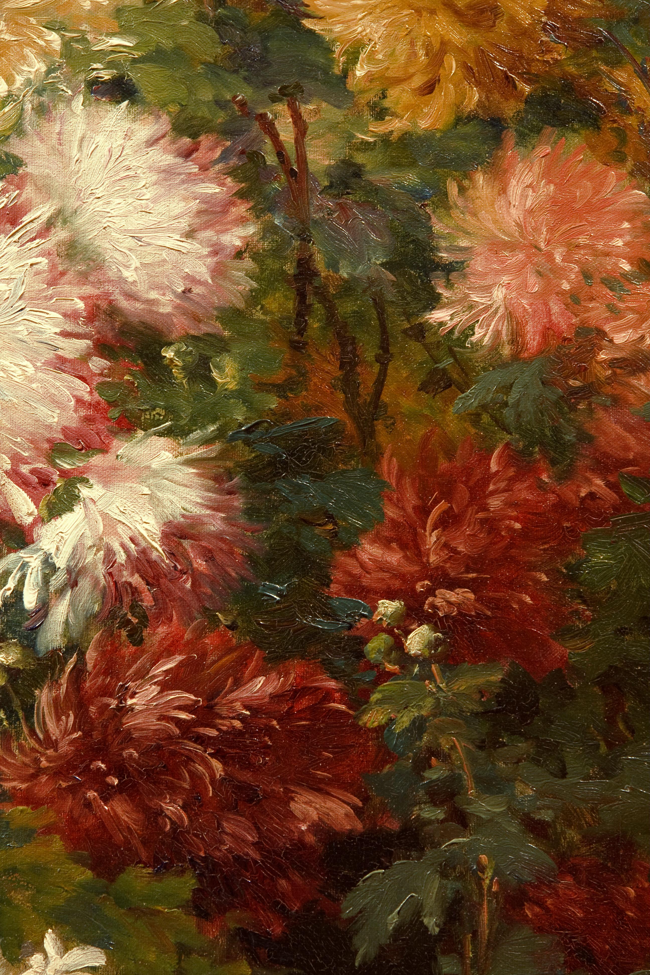 Chrysanthèmes en fleurs sur une terre - Marron Still-Life Painting par Eugene Henri Cauchois