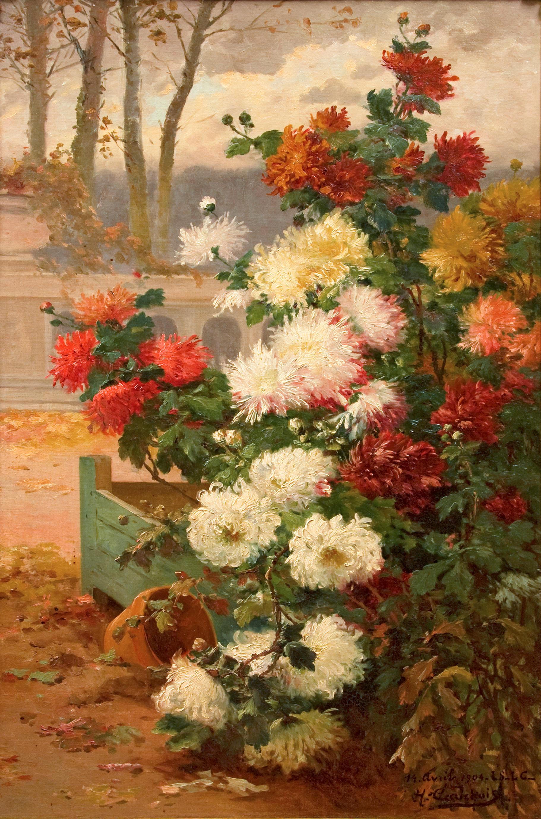 Still-Life Painting Eugene Henri Cauchois - Chrysanthèmes en fleurs sur une terre