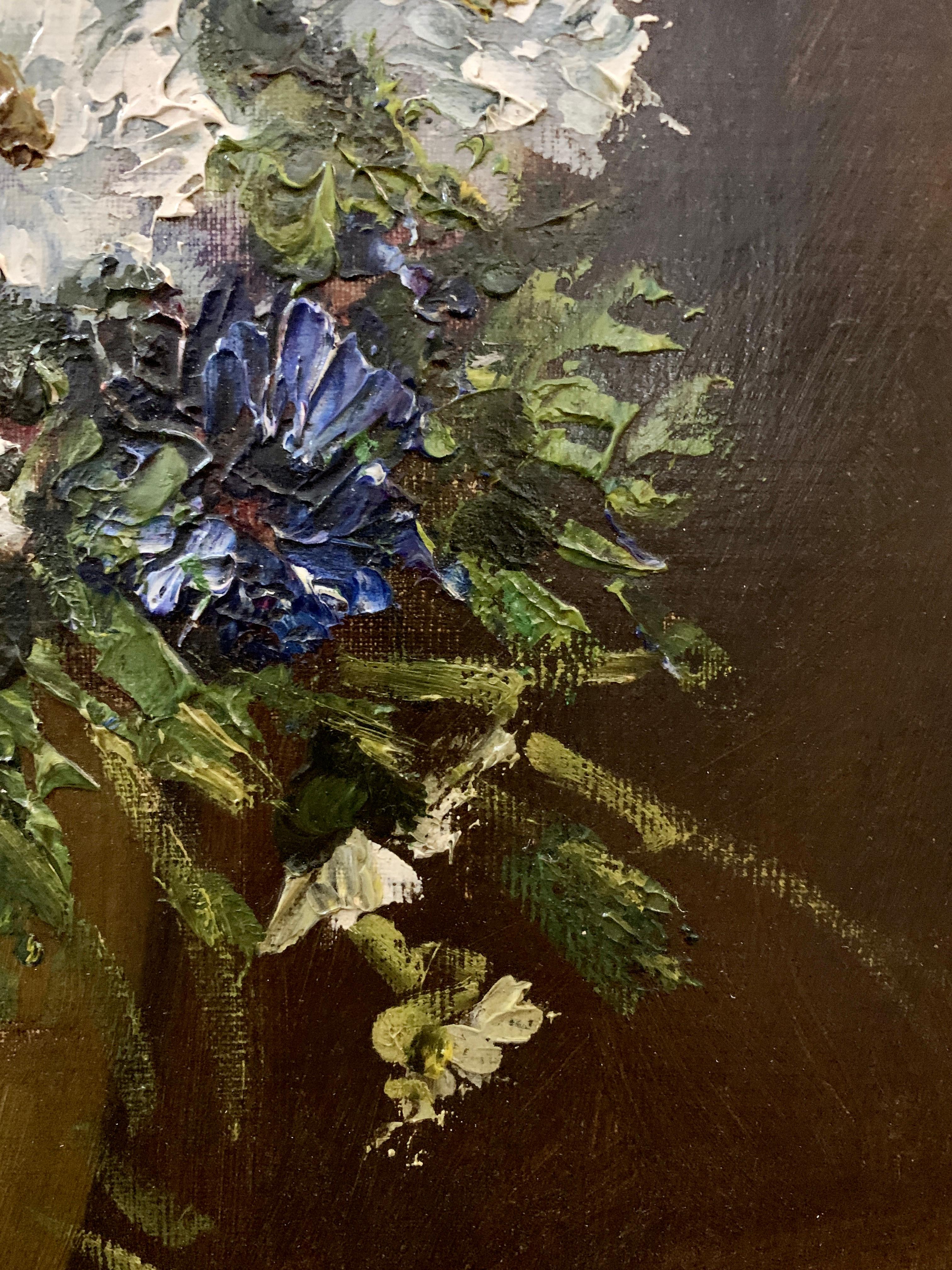French early 20th century Still life of blue, white and green flowers in a vase 1