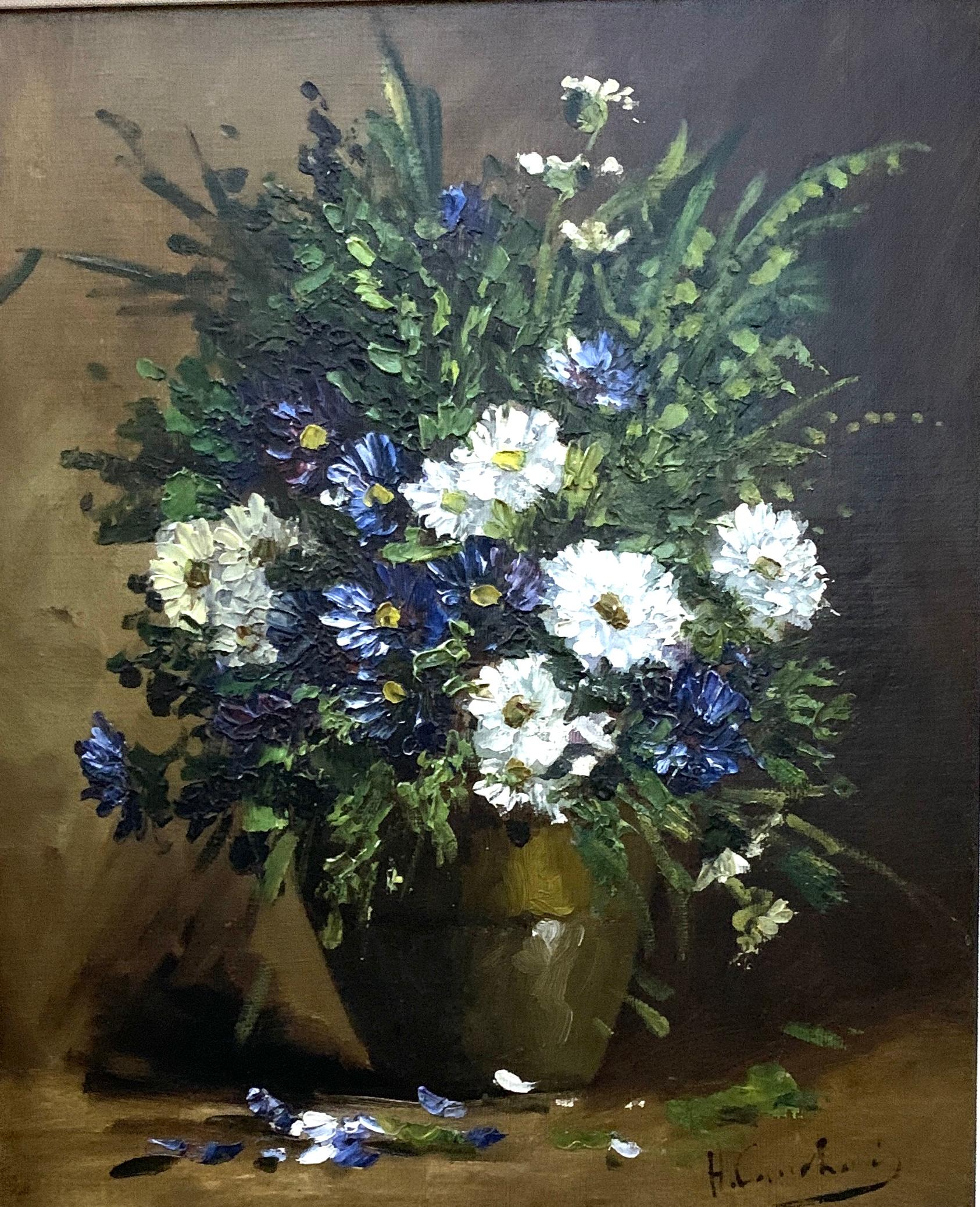 Eugene Henri Cauchois Figurative Painting - French early 20th century Still life of blue, white and green flowers in a vase