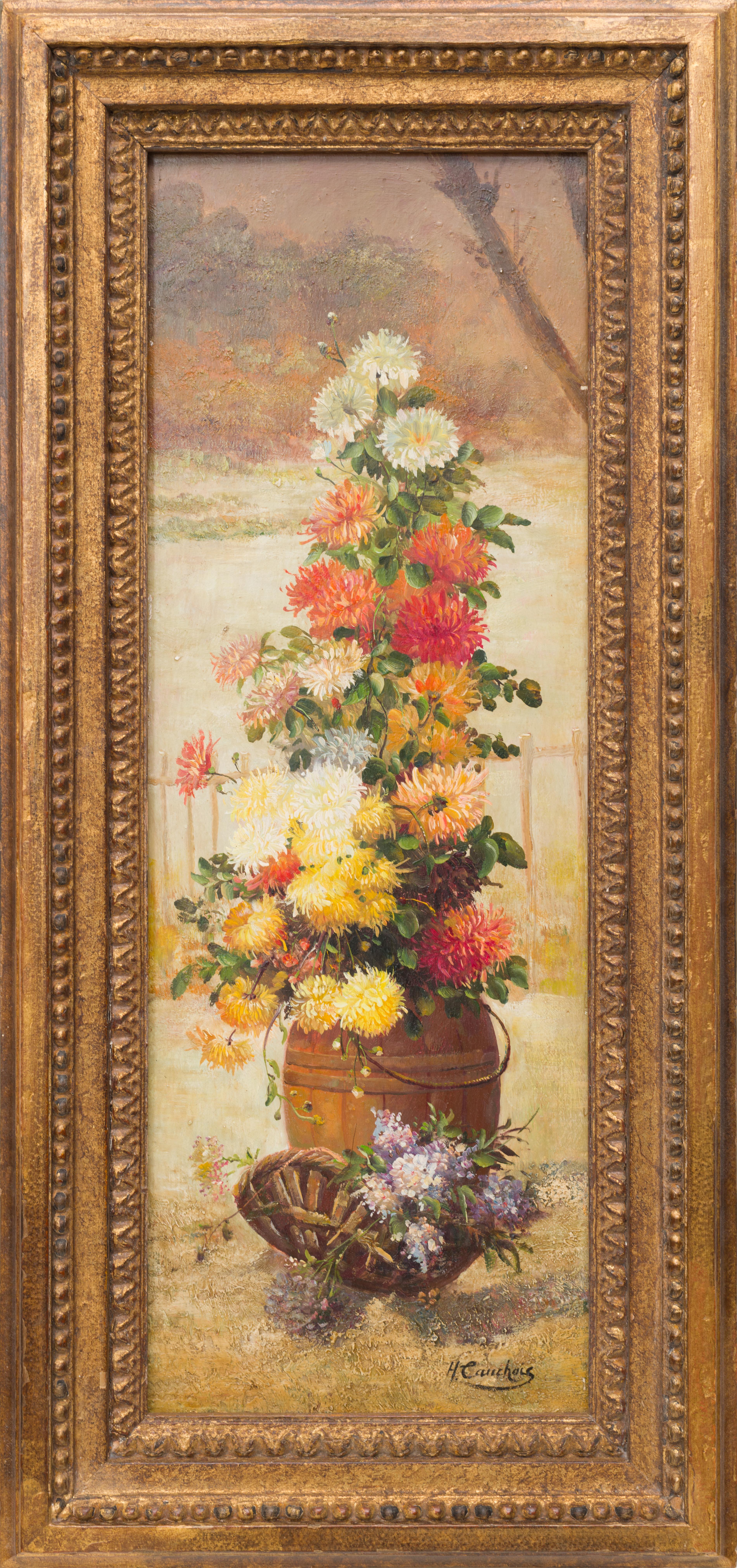 Eugene Henri Cauchois Still-Life Painting - French, Flowers, Still Life in a Barrel