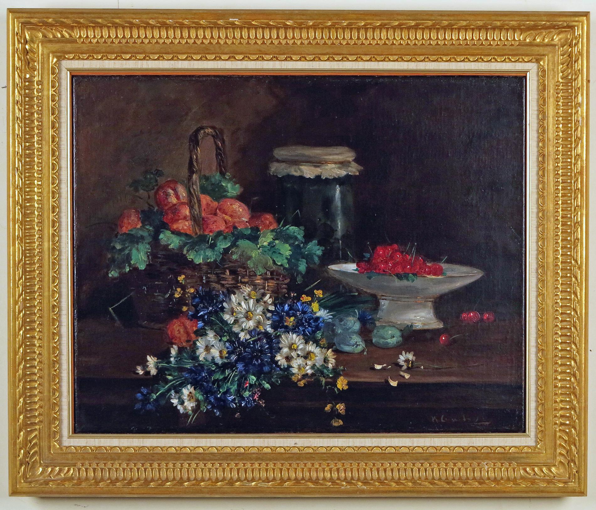 Still Life with Cherries - Painting by Eugene Henri Cauchois