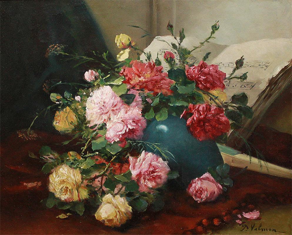Still life with ROSES - Brown Still-Life Painting by Eugene Henri Cauchois
