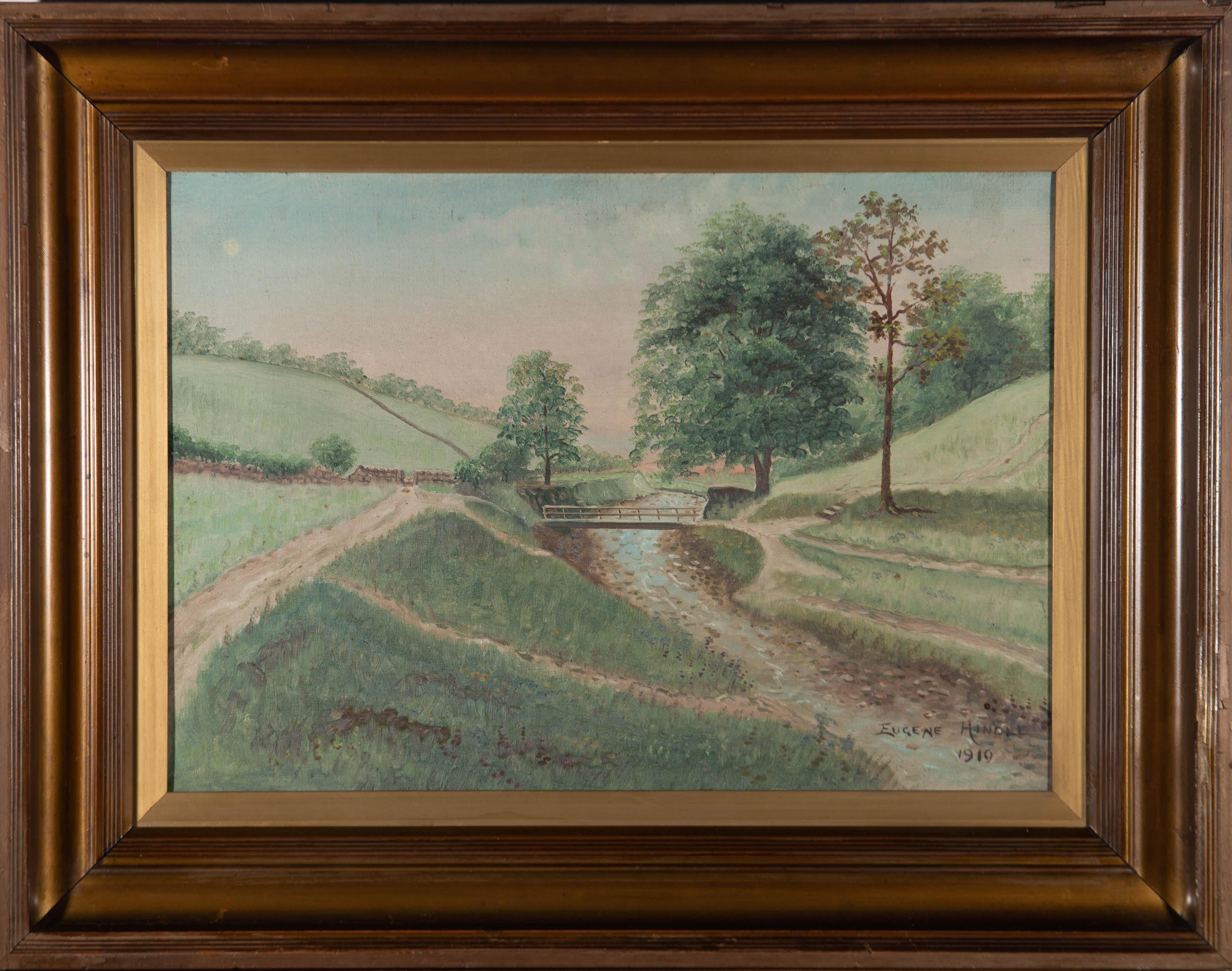 A naive landscape depicting country paths alongside a river. Presented in a gilt-effect wooden frame with a gilt-effect slip. Signed and dated to the lower-right corner. On canvas on stretchers.
