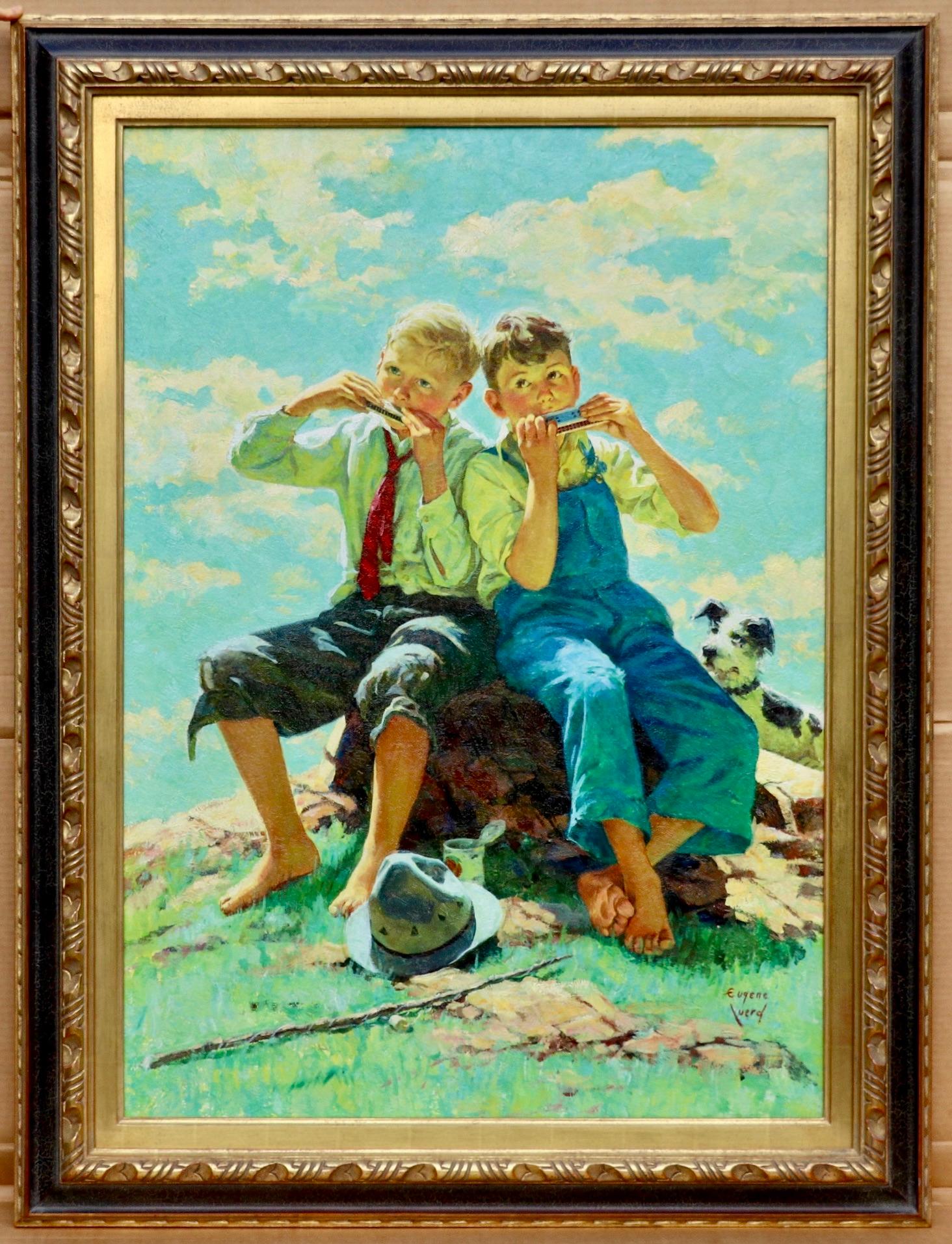 Playing the Harmonica, Post Cover - Painting by Eugene Iverd