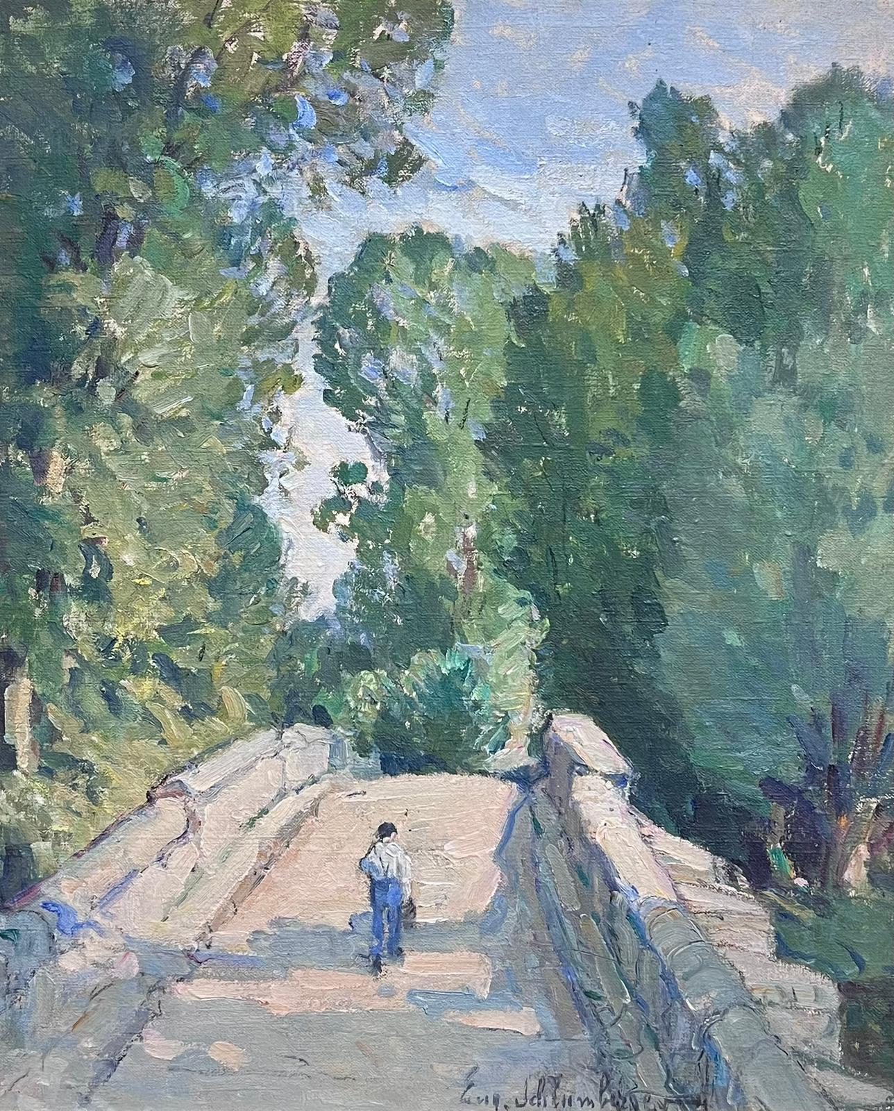 Large Antique French Impressionist Signed Oil Figure Walking over Stone Bridge - Painting by Eugene Jacques Schlumberger (FRENCH, 1879-1960) 