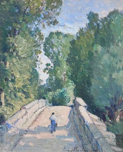 Large Antique French Impressionist Signed Oil Figure Walking over Stone Bridge