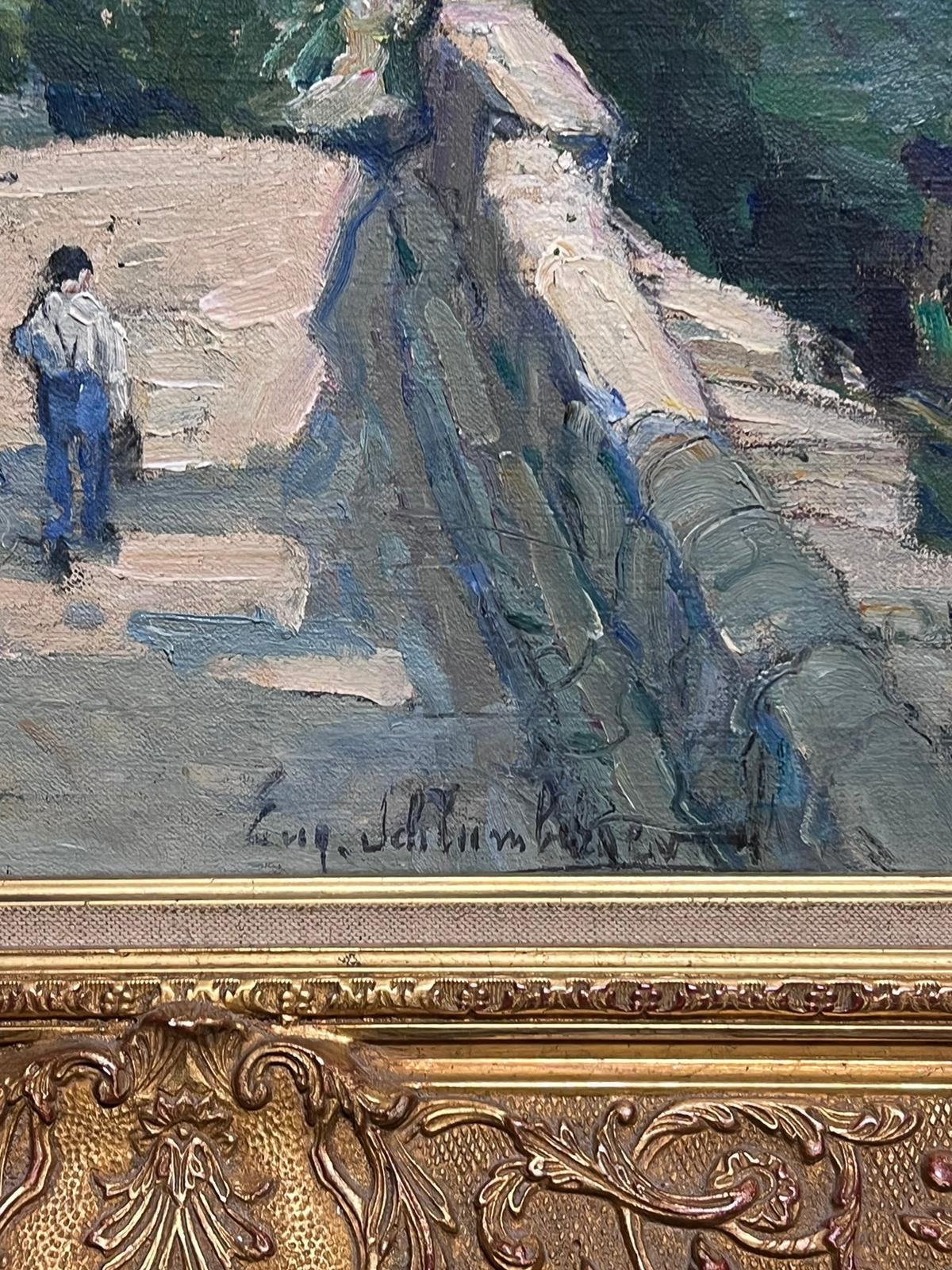 Large Antique French Impressionist Signed Oil Figure Walking over Stone Bridge For Sale 1