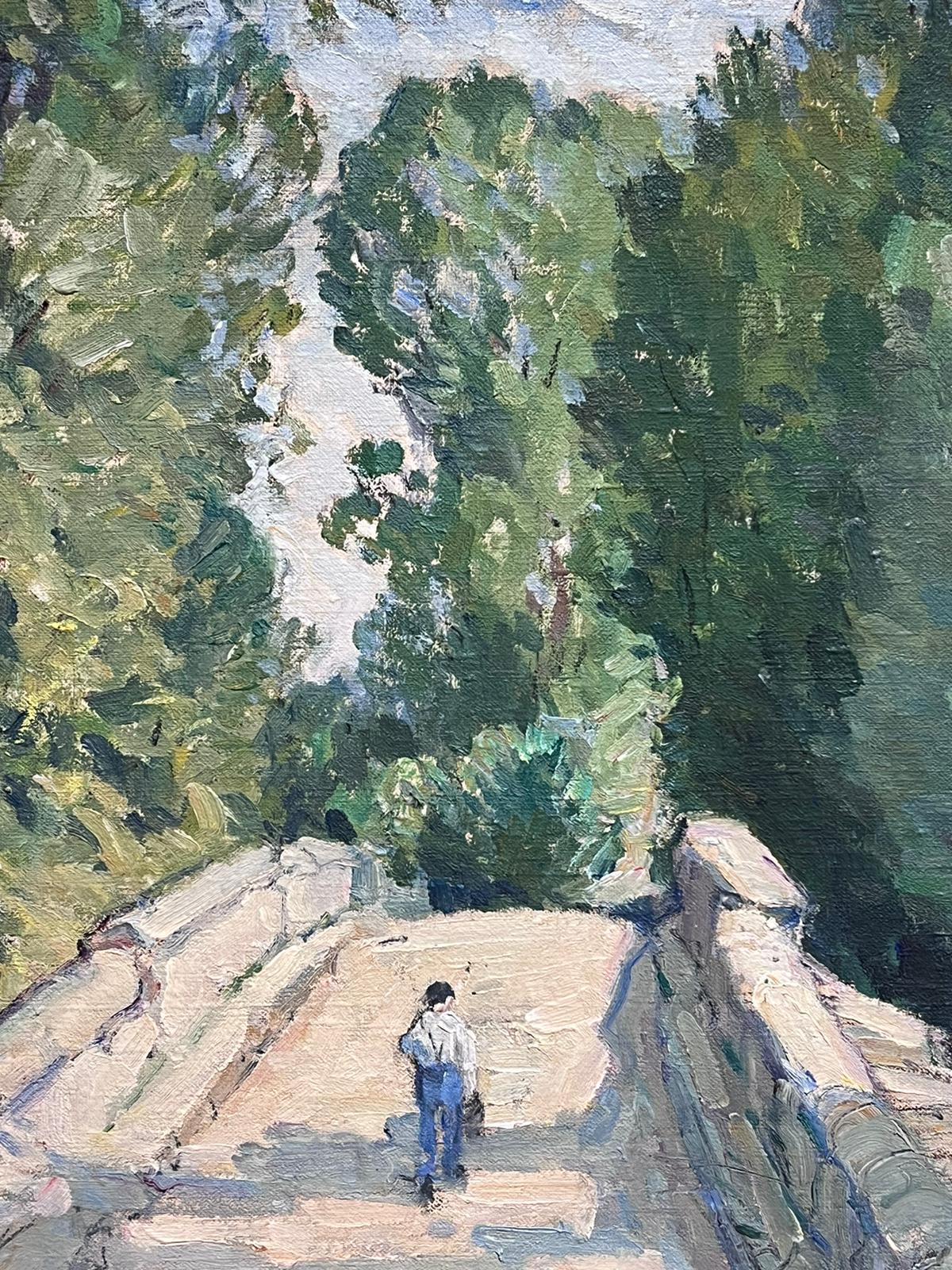 Large Antique French Impressionist Signed Oil Figure Walking over Stone Bridge For Sale 2