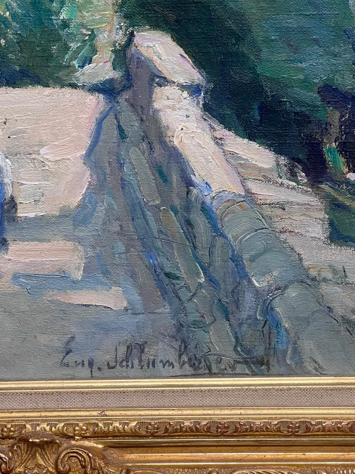 Large Antique French Impressionist Signed Oil Figure Walking over Stone Bridge For Sale 5