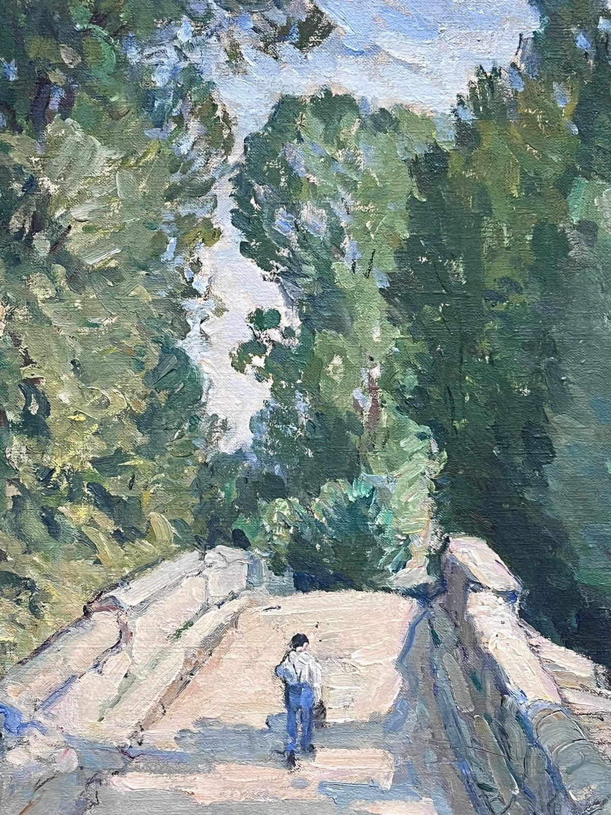 Large Antique French Impressionist Signed Oil Figure Walking over Stone Bridge For Sale 6