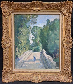 Large Antique French Impressionist Signed Oil Figure Walking over Stone Bridge