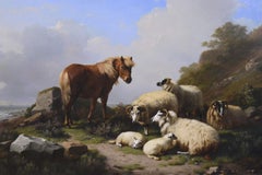 Óleo paisajístico del siglo XIX de un poni con ovejas cerca de una costa