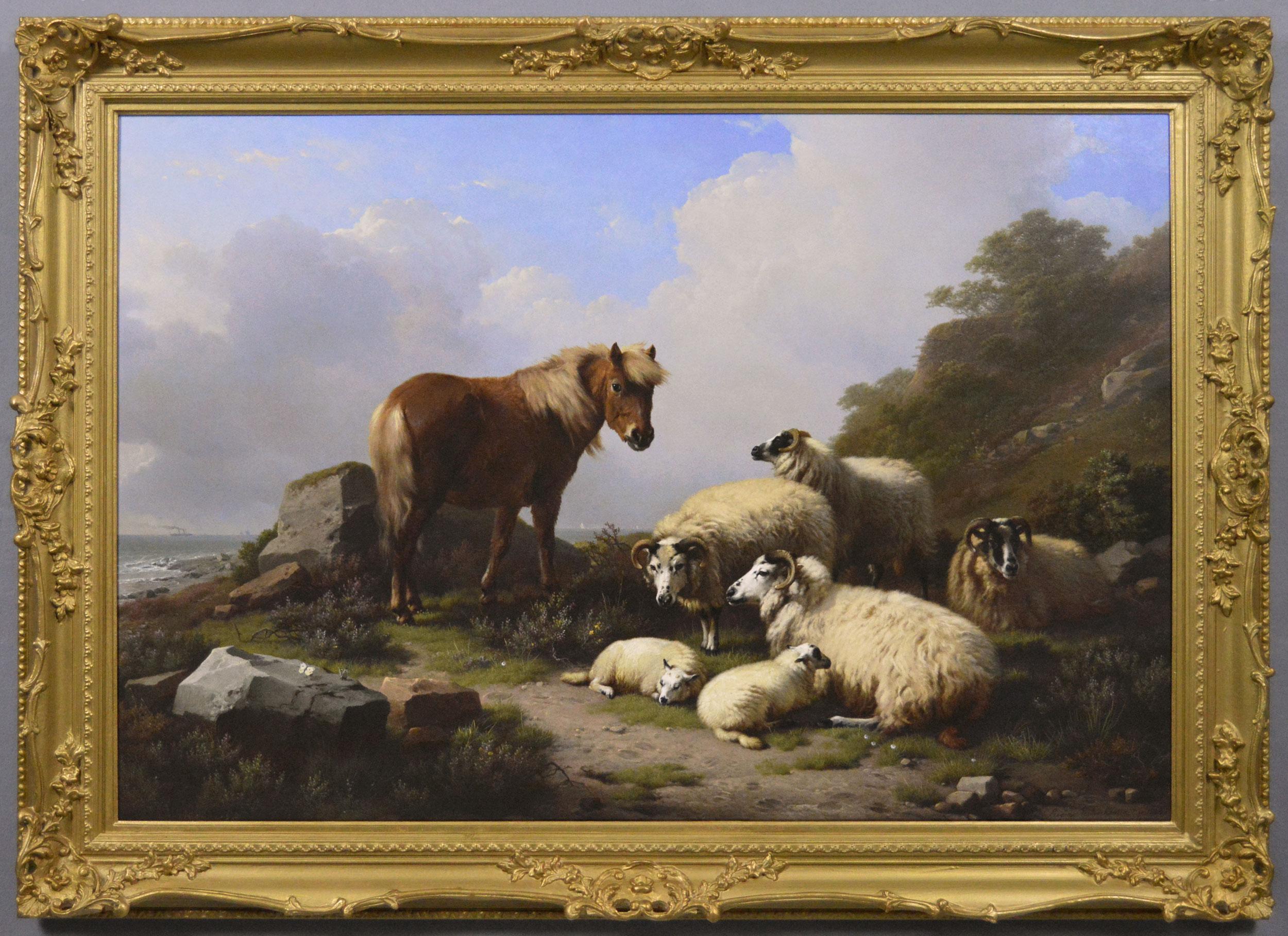 19th Century landscape oil painting of a pony with sheep near a coast