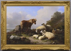 Eugène Joseph Verboeckhoven - 19. Jahrhundert Landschaft Ölgemälde von einem Pony mit Schafen in der Nähe einer Küste 19. Jahrhundert Landschaft Ölgemälde von einem Pony mit Schafen in der Nähe einer Küste