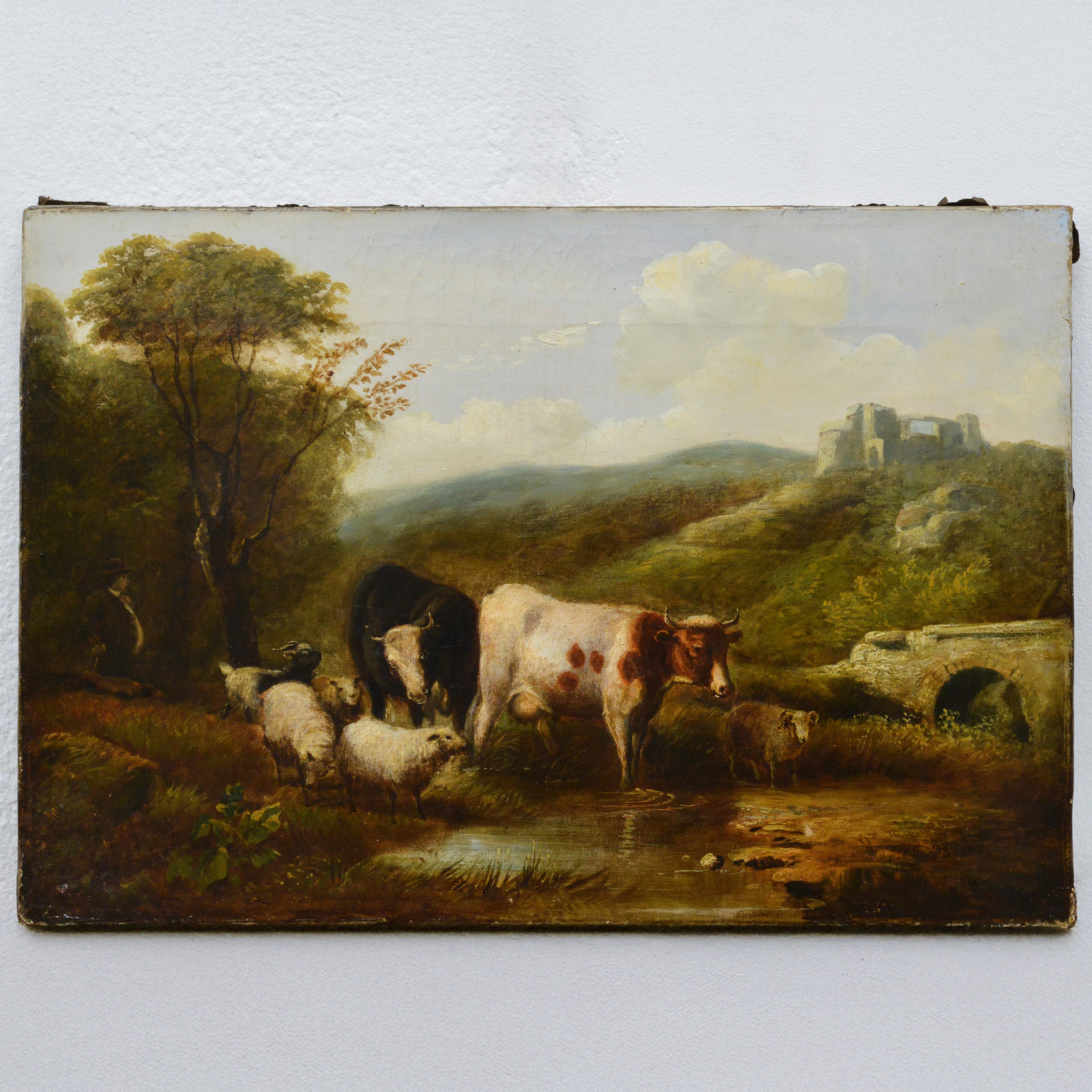 Nach Eugene Verboeckhoven Antike belgische Pastoral Ölgemälde Vorbeifließender Bach – Painting von Eugène Joseph Verboeckhoven