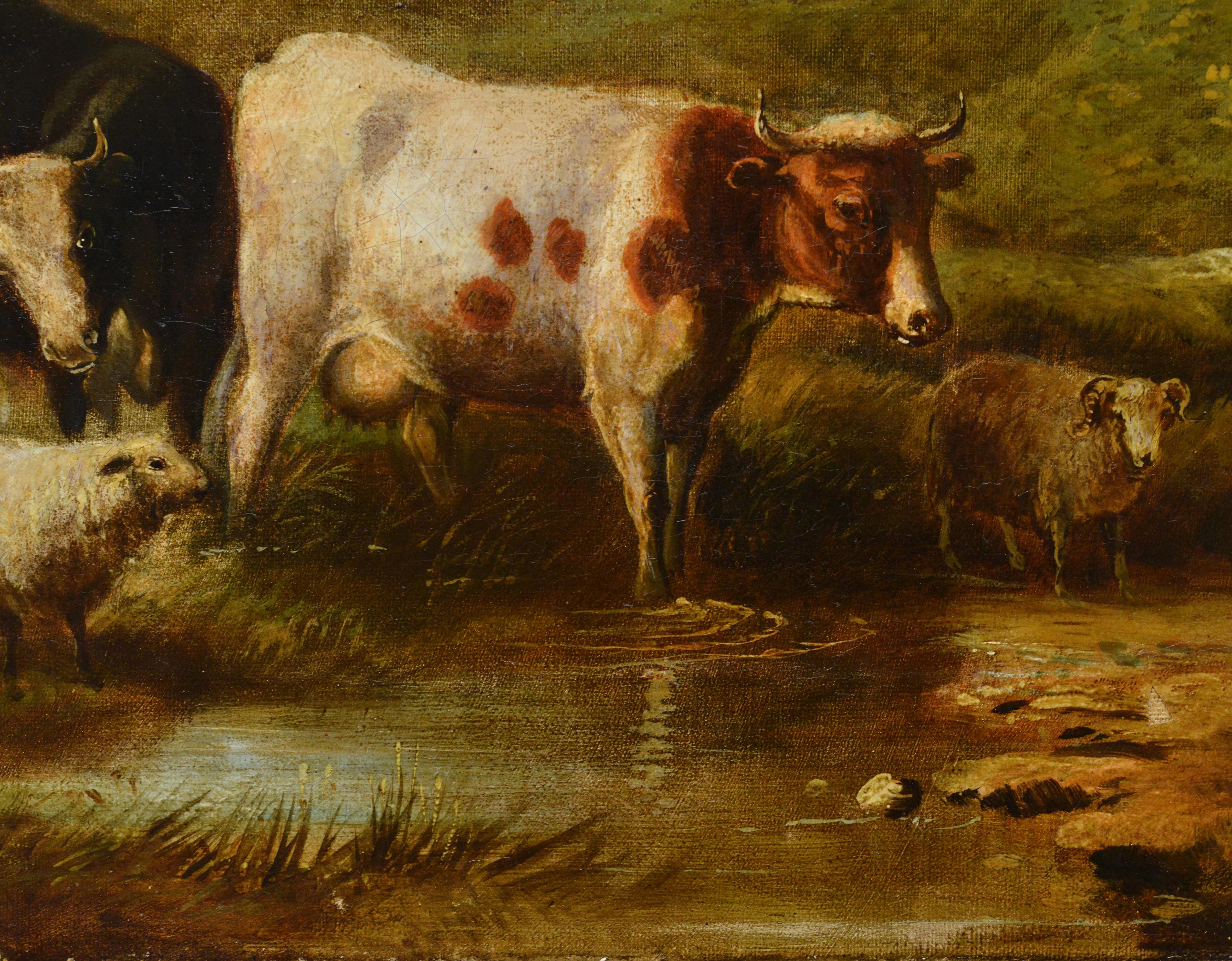 Nach Eugene Verboeckhoven Antike belgische Pastoral Ölgemälde Vorbeifließender Bach (Realismus), Painting, von Eugène Joseph Verboeckhoven