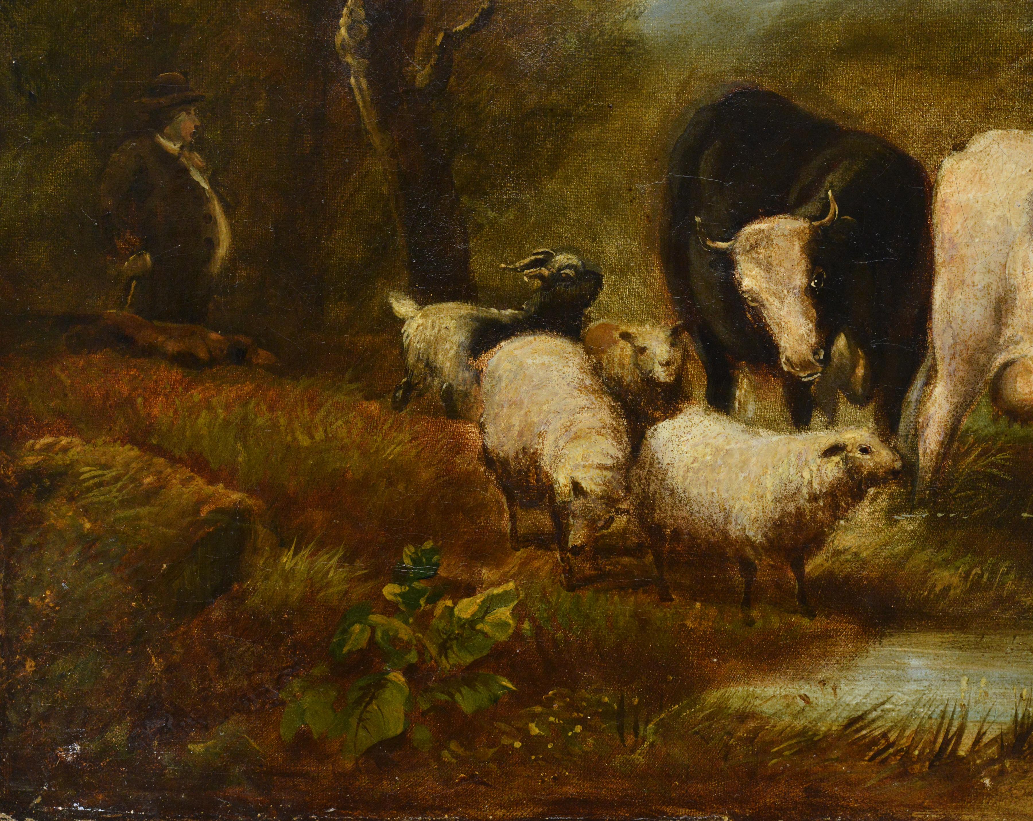 Nach Eugene Verboeckhoven Antike belgische Pastoral Ölgemälde Vorbeifließender Bach (Braun), Animal Painting, von Eugène Joseph Verboeckhoven
