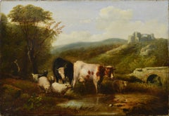 Nach Eugene Verboeckhoven Antike belgische Pastoral Ölgemälde Vorbeifließender Bach
